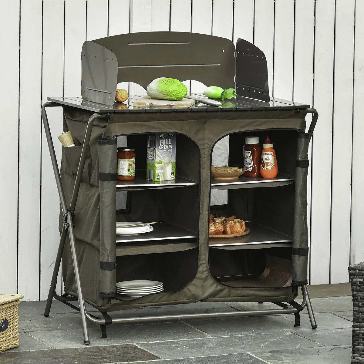 Campingschrank Küchenbox Tragetasche Windschutz Tragetasche Stahl 600D Oxford-Gewebe Grün 57 x 94 x 109 cm - 1