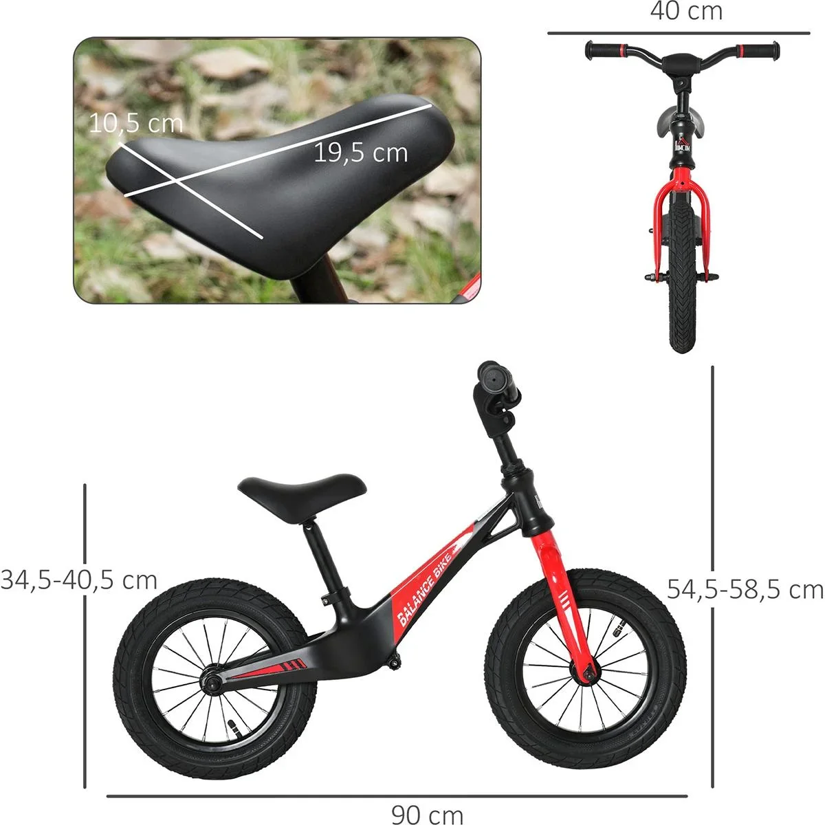 Balance Fahrrad - Gummireifen - Schwarz/Rot - 90 x 40 x 54-58,5 cm - 3