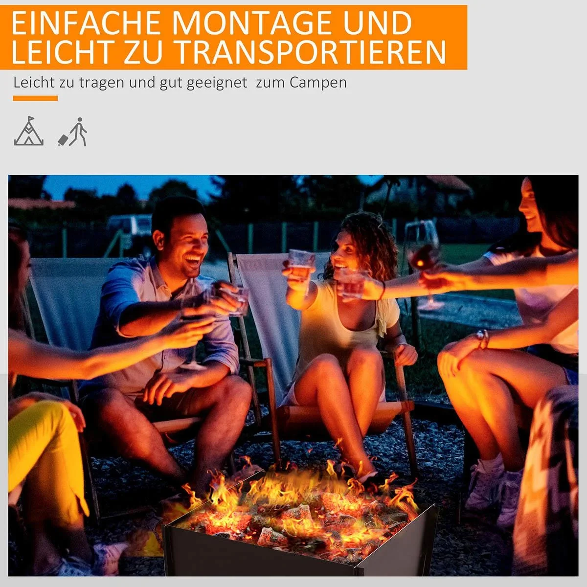 Feuerschale demontierbar steckbar Feuerkorb Feuerstelle für Garten Camping BBQ Stahl Schwarz 50 x 50 x 30 cm - 0