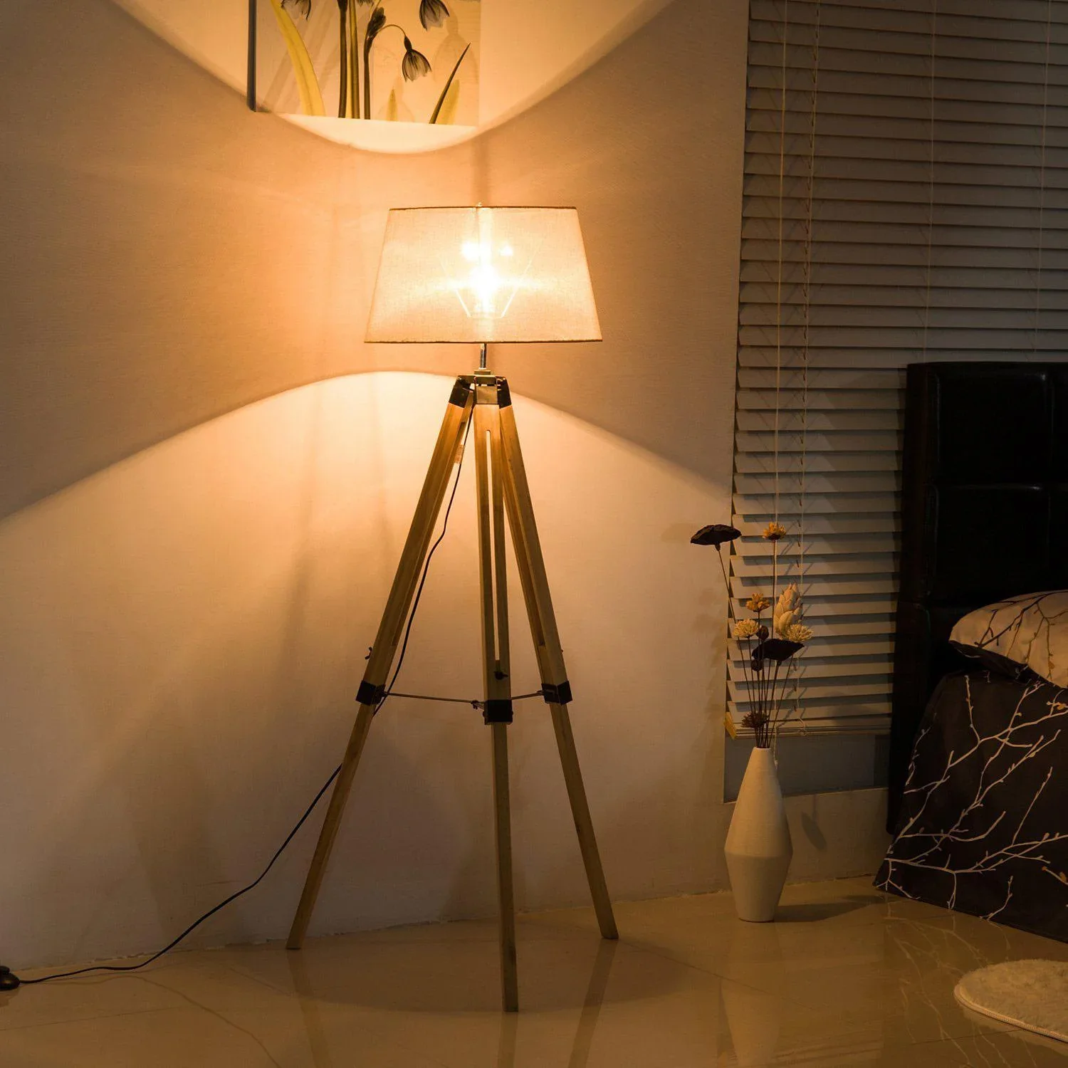 Stehlampe Dreibein höhenverstellbar 99-143cm E27 Kiefer Grau - 4