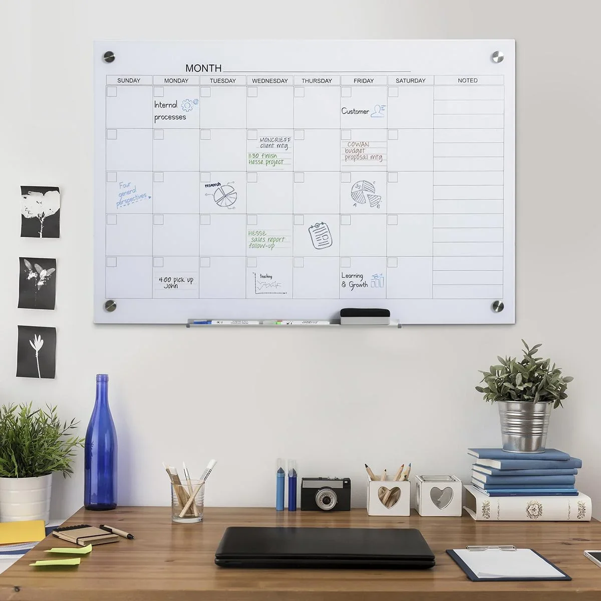 Kalendertafel Glasplatte mit 4 Glasclip Marker Radiergummi Aluminium-Stifthalter Magnettafel für Monatsplanungen magneti - 0