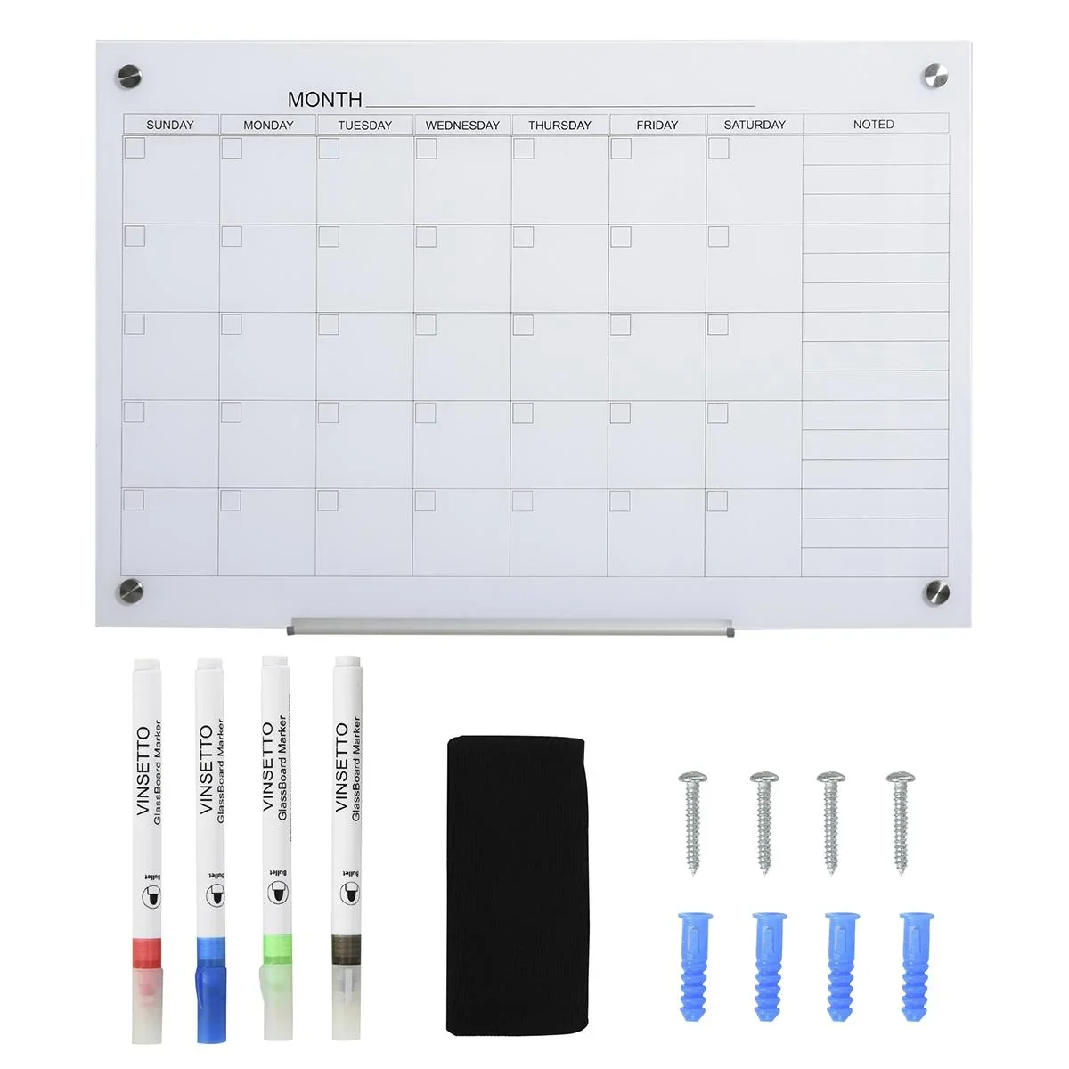 Kalendertafel Glasplatte mit 4 Glasclip Marker Radiergummi Aluminium-Stifthalter Magnettafel für Monatsplanungen magneti - 1