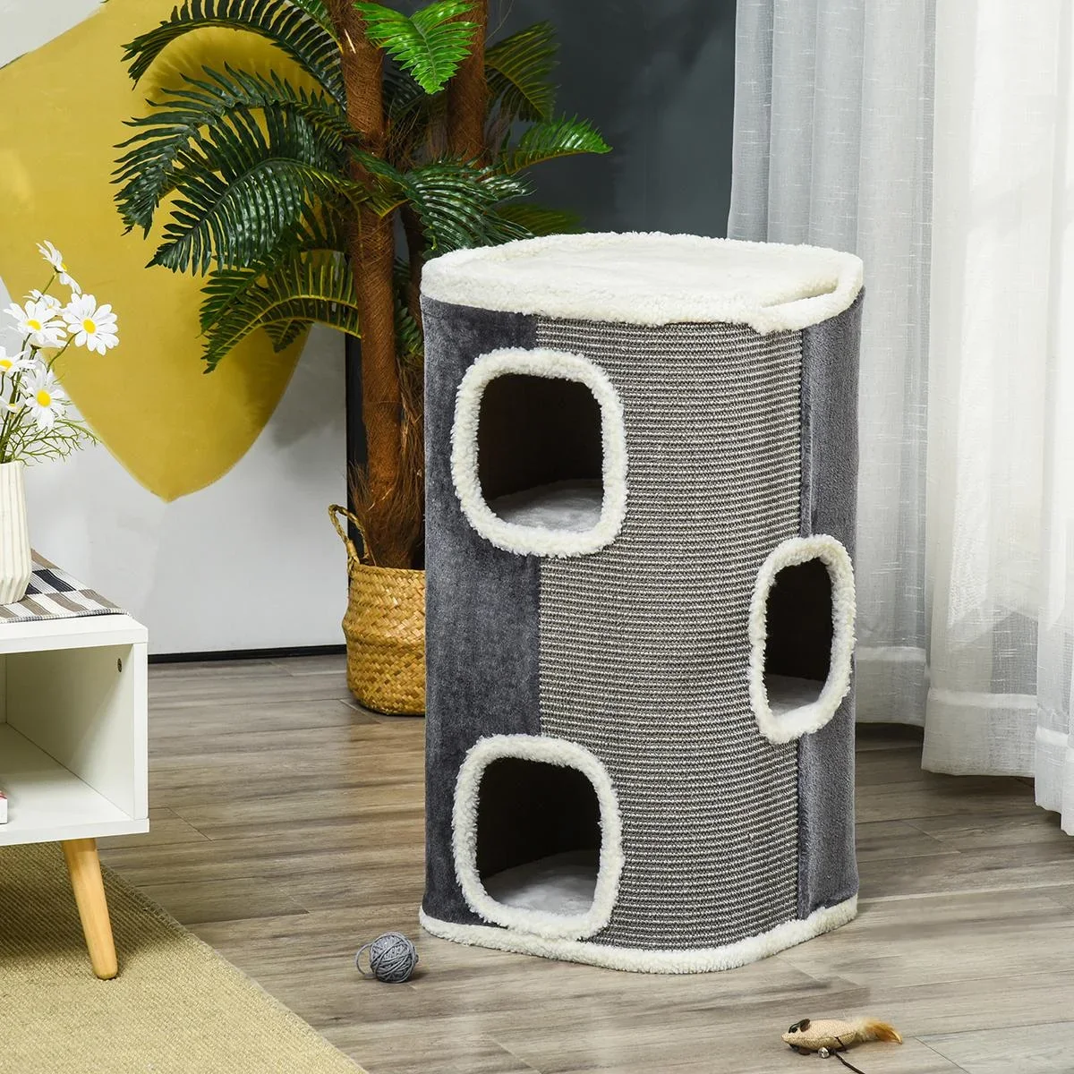 Katzenkratzbaum Katztonne 3 Ebenen Katzenbaum Kletterbaum für Katzen Katzenmöbel Spanplatte samtartiges Polyester Sisal - 0