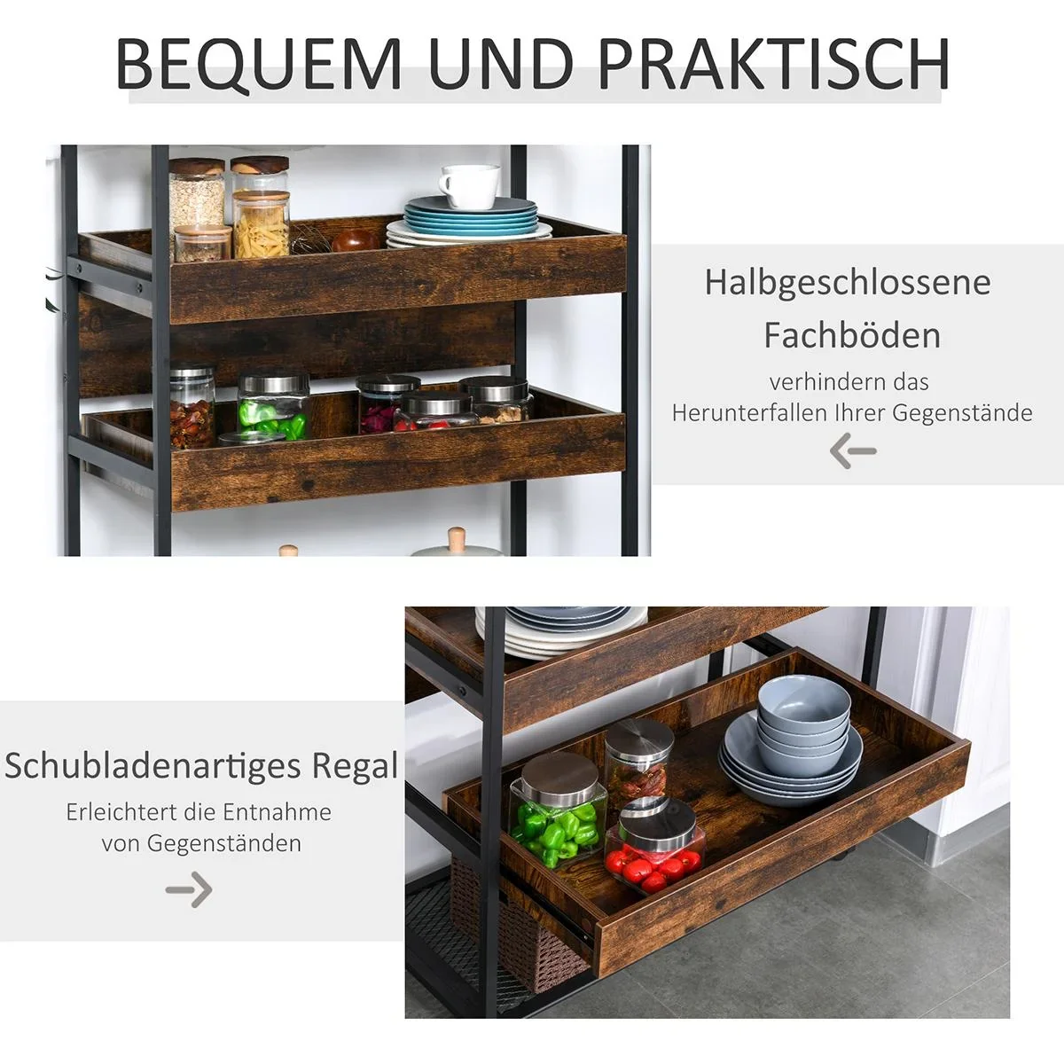 Küchenwagen Küchenrollwagen Servierwagen 3-stöckige Küchenregal Industrie-Design mit verstellbaren Füßen Rustikales Brau - 1