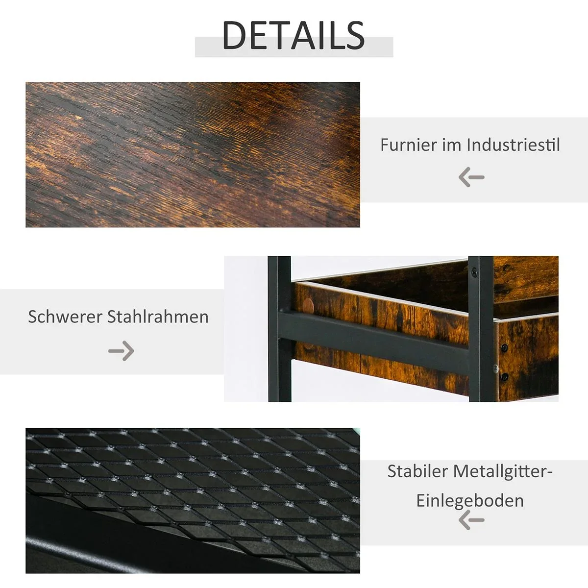 Küchenwagen Küchenrollwagen Servierwagen 3-stöckige Küchenregal Industrie-Design mit verstellbaren Füßen Rustikales Brau - 4