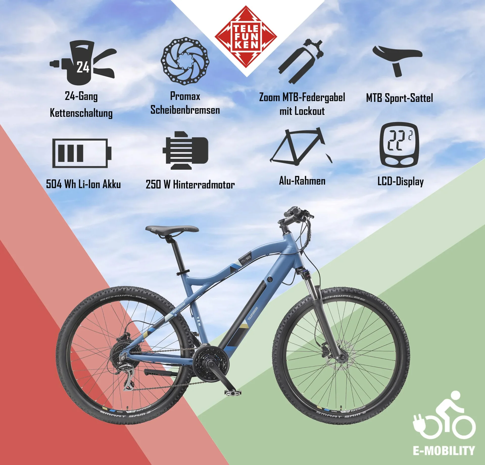 Unisex Alu MTB E-Bike, 29 Zoll, 24-Gang Kettenschaltung, blau, Aufsteiger M922 Hardtail - 3