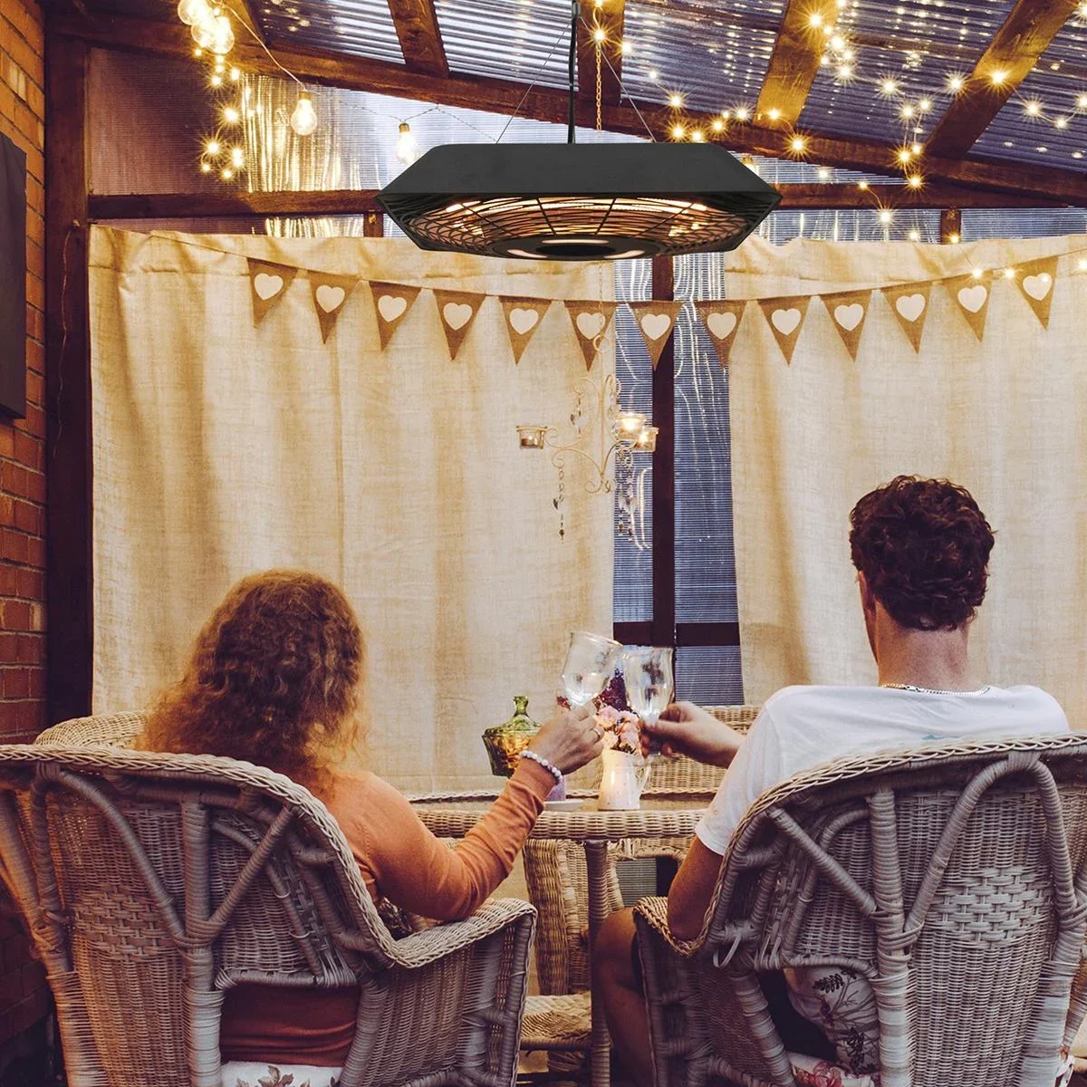 Deckenheizstrahler 800W/1200W/2000W 5 Modi Heizstrahler IP45 Elektro Heizpilz mit Fernbedienung LED-Licht Alu Glas Schwa - 1