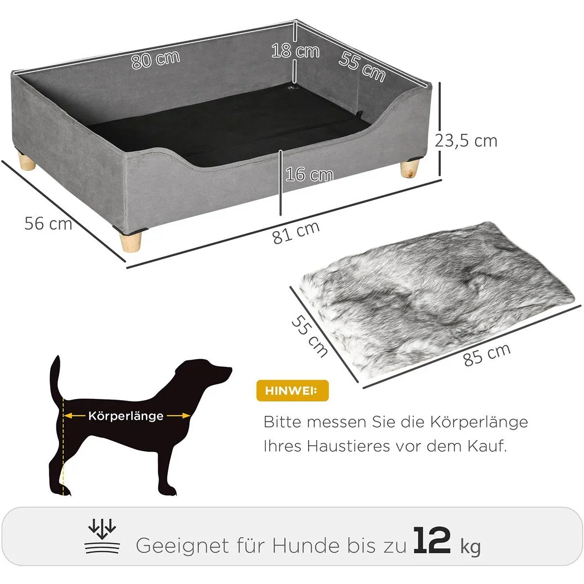 Hundebett mit Kissen für kleine und mittelgroße Hunde Weich gepolstert waschbarer Bezug Kiefer Grau 81 x 56 x 23,5 cm - 0
