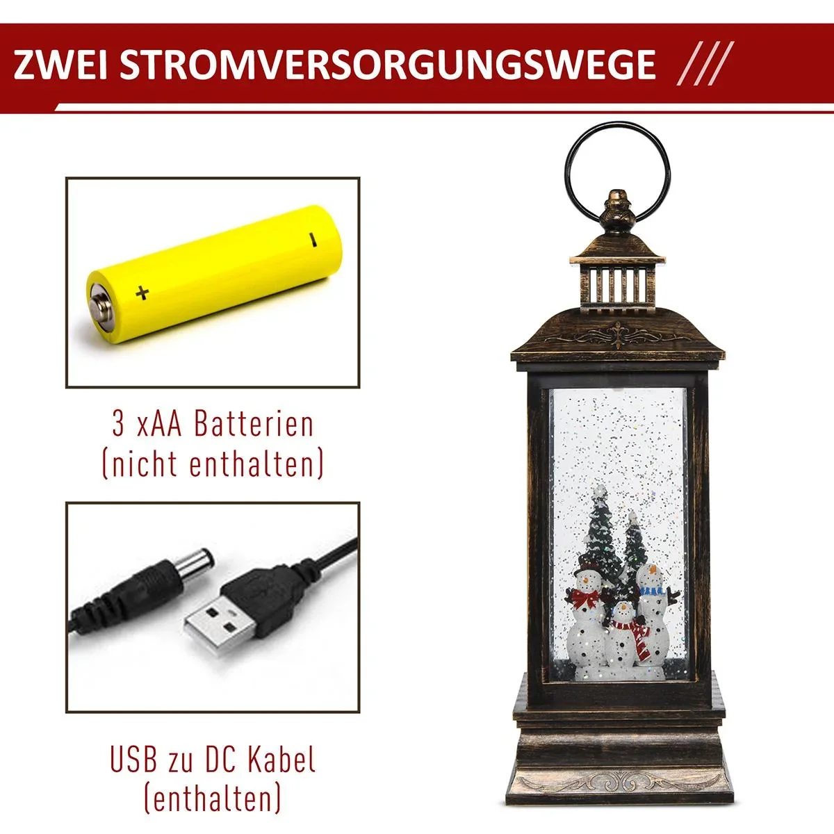 Weihnachten Schneelaterne mit Santa Musik Licht Schnee, Glaskugellaterne, 6h Timer, Metall 10,4 x 10,4 x 27,5 cm - 0