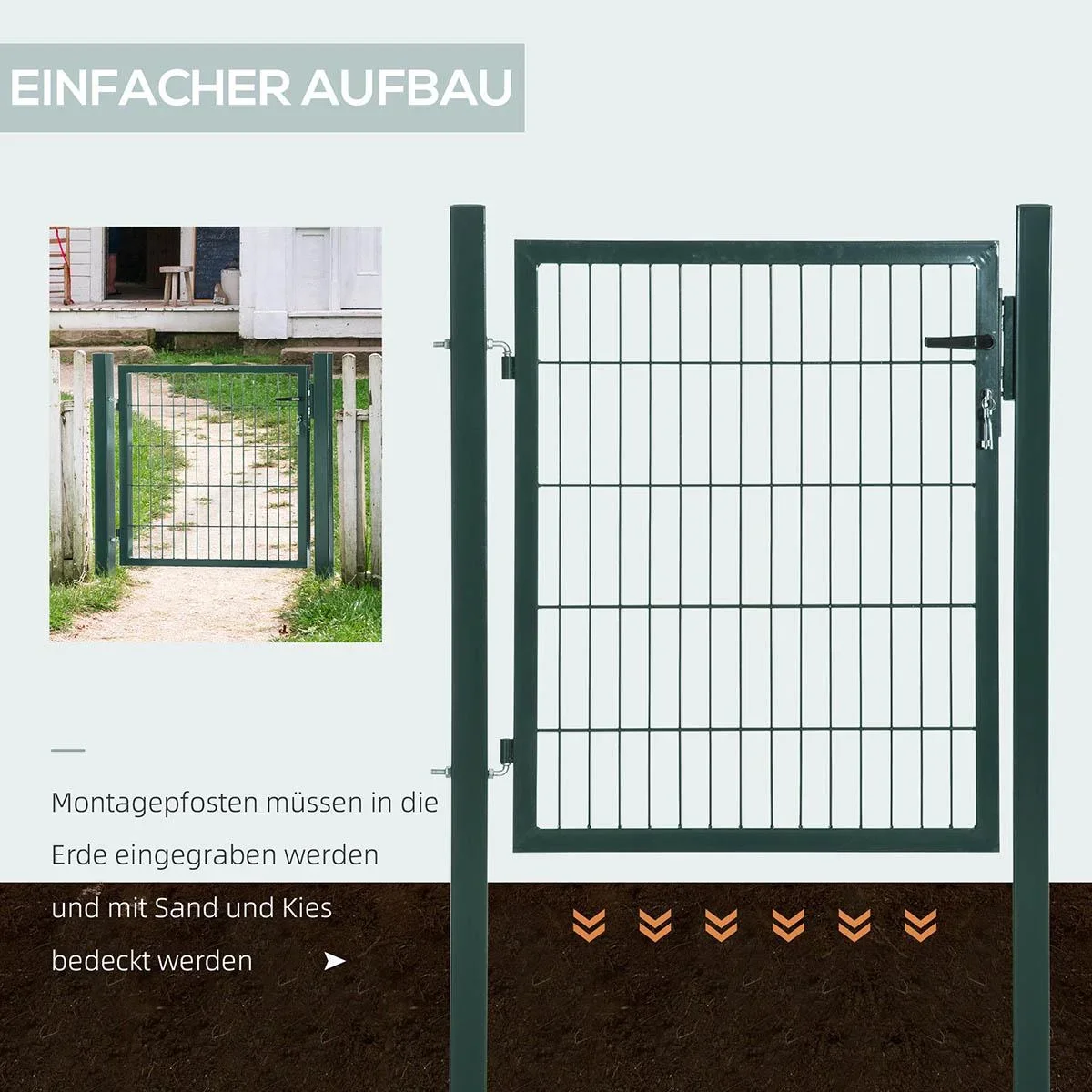 Gartentor Gartentür Zauntor Hoftür aus Stahl Griff Schloss und Schlüsseln 97 x 150 cm Grün - 3