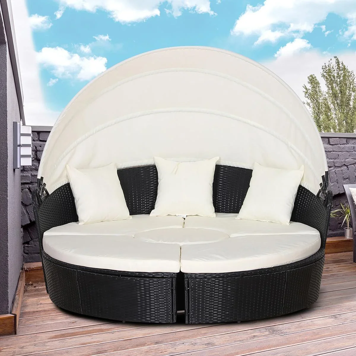 Rattan Sonneninsel, Loungegruppe mit Sonnendach, Sitzgruppe, Kissen und Beistelltisch, Metall, Creme, 180 x 175 x 147 cm - 1