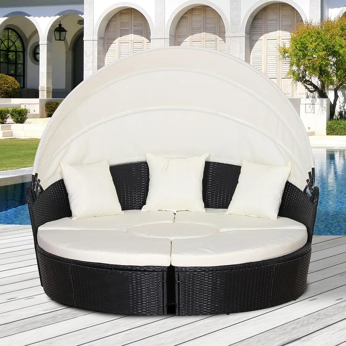 Rattan Sonneninsel, Loungegruppe mit Sonnendach, Sitzgruppe, Kissen und Beistelltisch, Metall, Creme, 180 x 175 x 147 cm - 2
