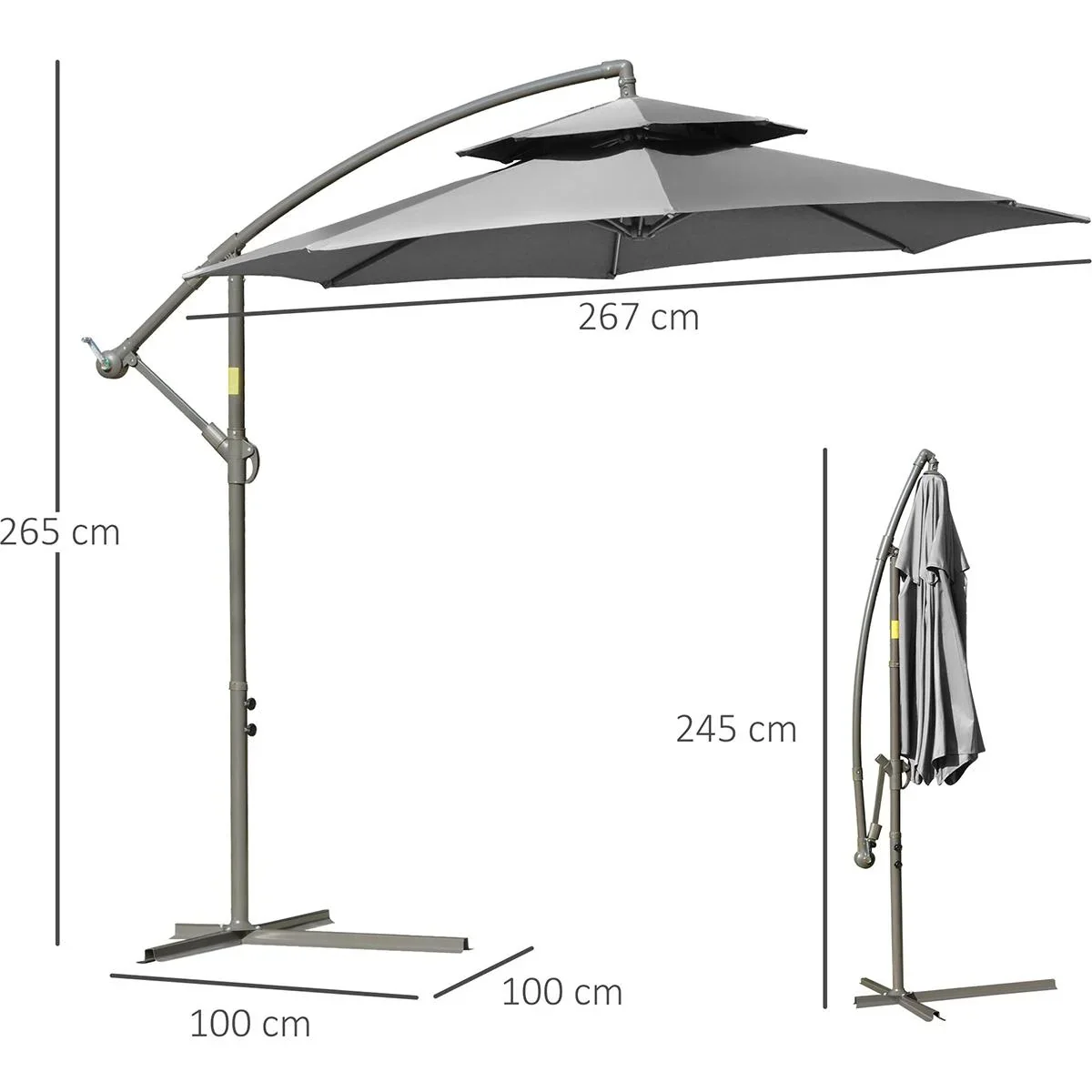 Sonnenschirm Ø2,67 x 2,7 m Doppelt überdachter schwingender Sonnenschirm Kreuzfuß Stahl Outdoor Polyester Stahl Hellgrau - 1