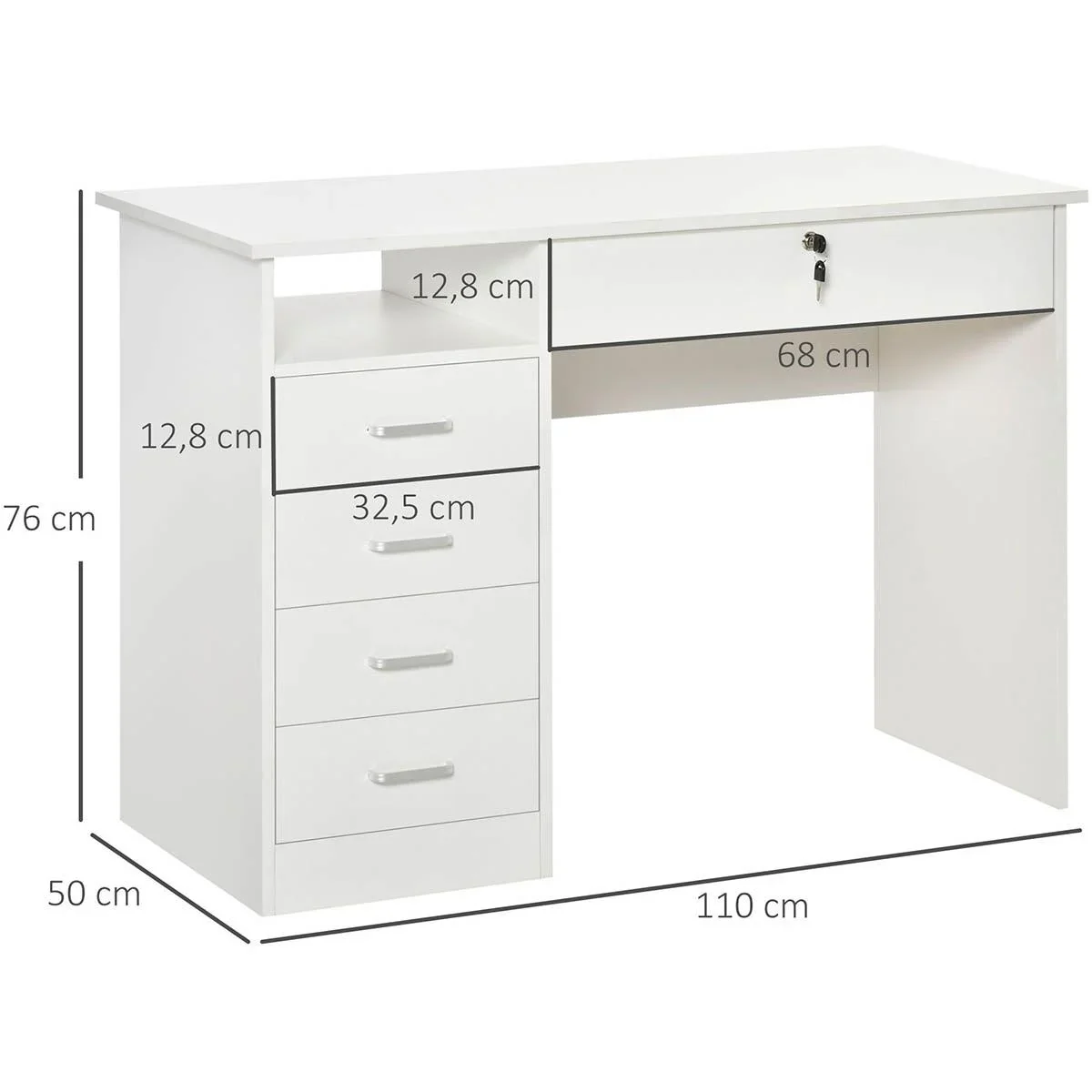 Computertisch Schreibtisch mit 5 Schubladen und Regal Bürotisch mit Schloss großer Arbeitsfläche Weiß 110 x 50 x 76 cm - 0