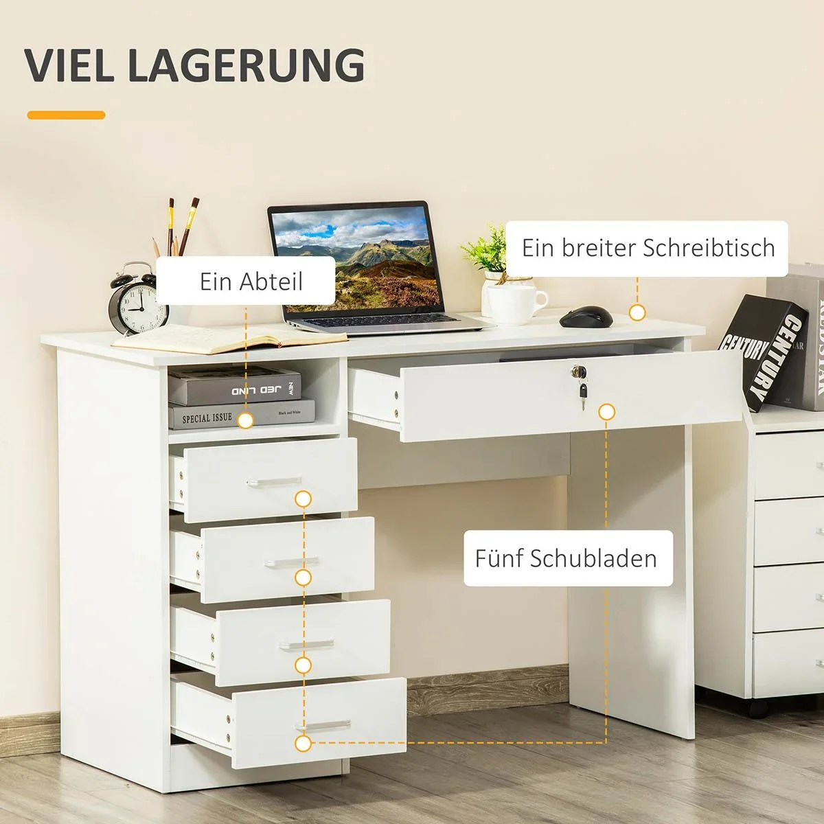 Computertisch Schreibtisch mit 5 Schubladen und Regal Bürotisch mit Schloss großer Arbeitsfläche Weiß 110 x 50 x 76 cm - 2