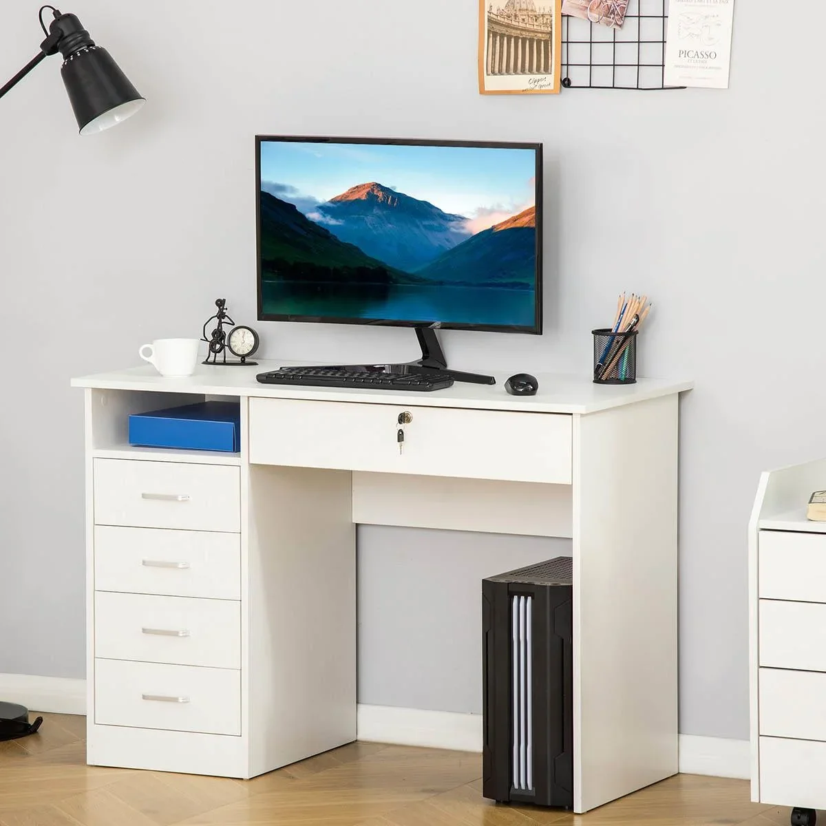 Computertisch Schreibtisch mit 5 Schubladen und Regal Bürotisch mit Schloss großer Arbeitsfläche Weiß 110 x 50 x 76 cm - 3