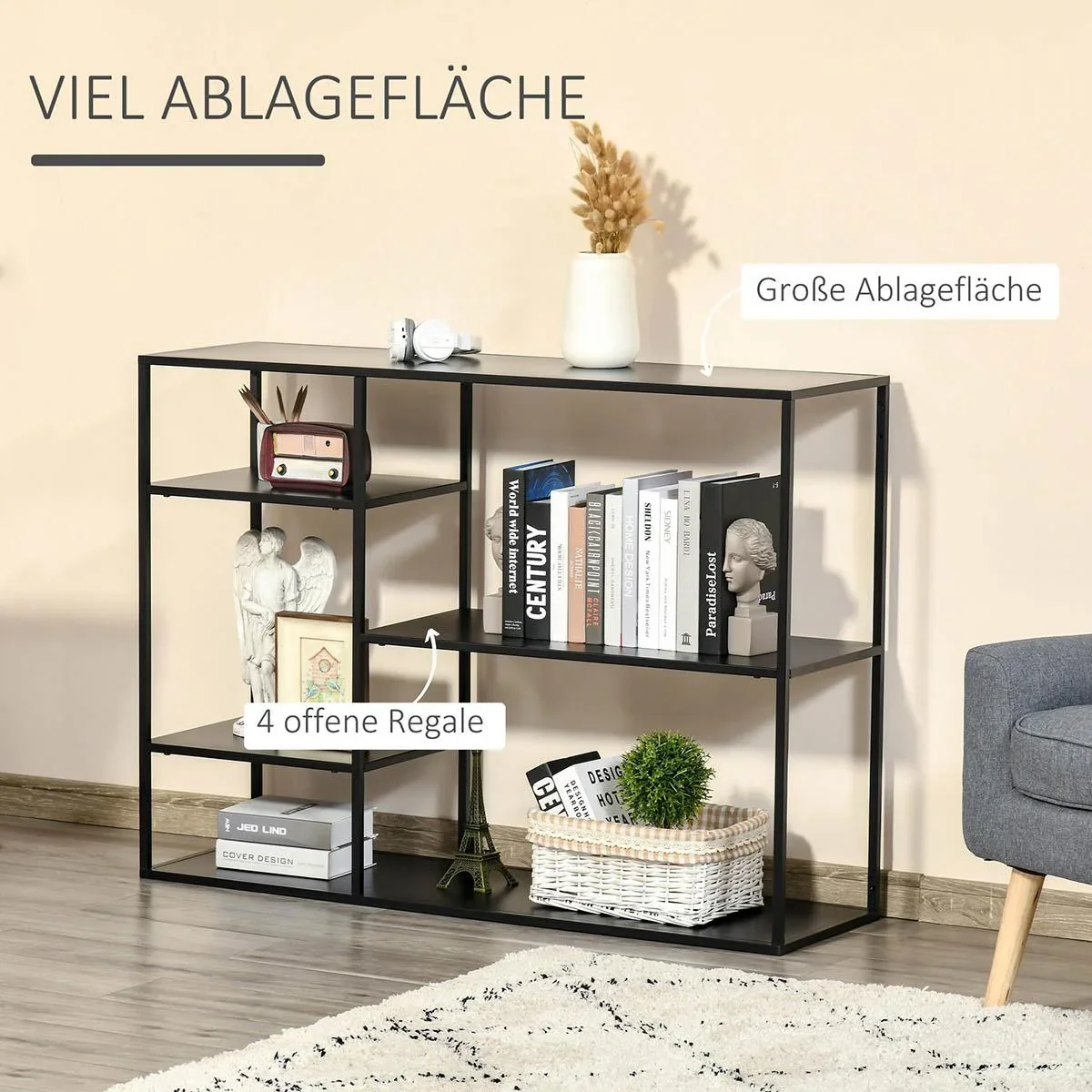 Standregal Bücherregal Lagerregal Aktenregal mit 5 offenen Fächern Küchenregal Metall Schwarz 120 x 35 x 87,5 cm - 2