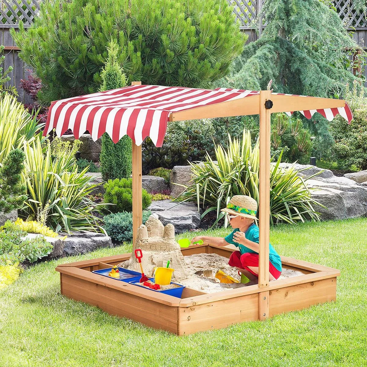 Sandkasten Holz bodenlos Design für Kinder 3-7 Jahre mit Deckel und Dach 107,5 x 107,5 x 110 cm - 1