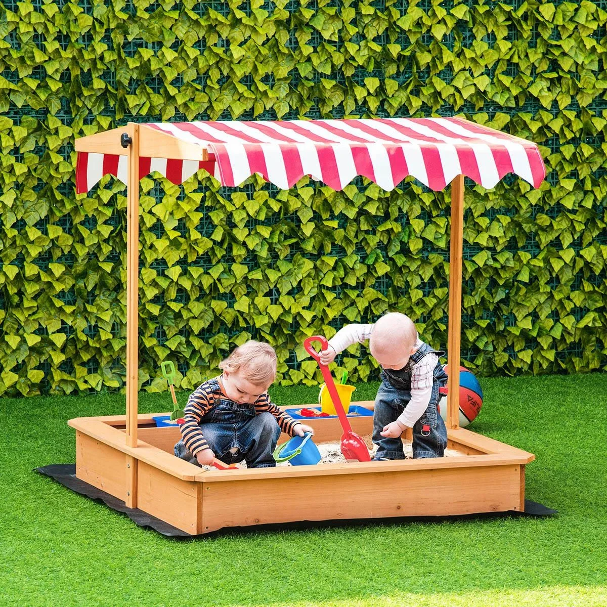Sandkasten Holz bodenlos Design für Kinder 3-7 Jahre mit Deckel und Dach 107,5 x 107,5 x 110 cm - 3