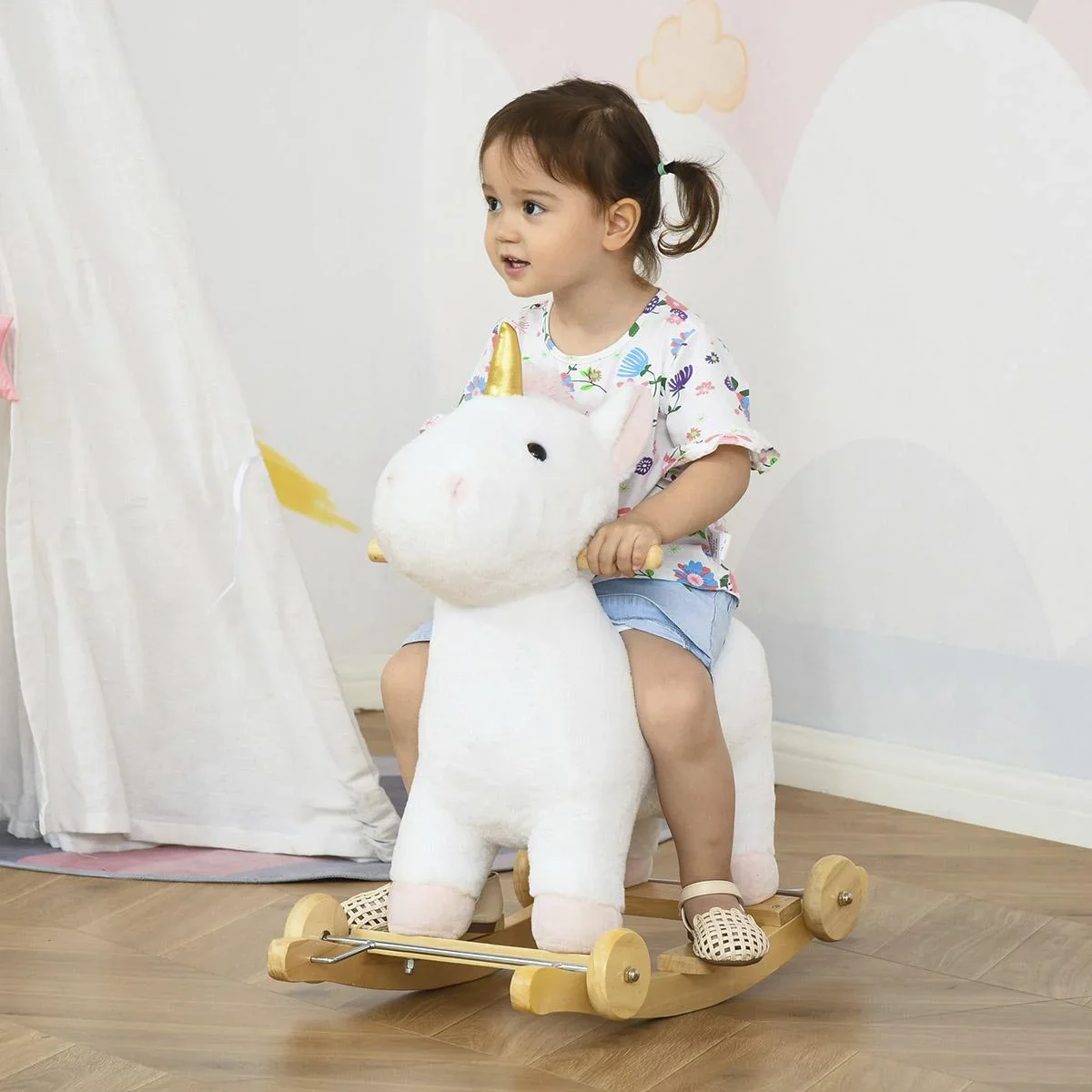 2-IN-1 Schaukelpferd mit Räder Einhorn-Design Plüsch Schaukeltier Babyschaukel Spielzeug für 36-72 Monaten Kinder Weiß 6 - 0
