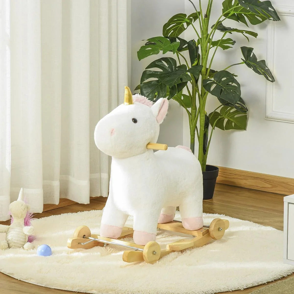 2-IN-1 Schaukelpferd mit Räder Einhorn-Design Plüsch Schaukeltier Babyschaukel Spielzeug für 36-72 Monaten Kinder Weiß 6 - 2