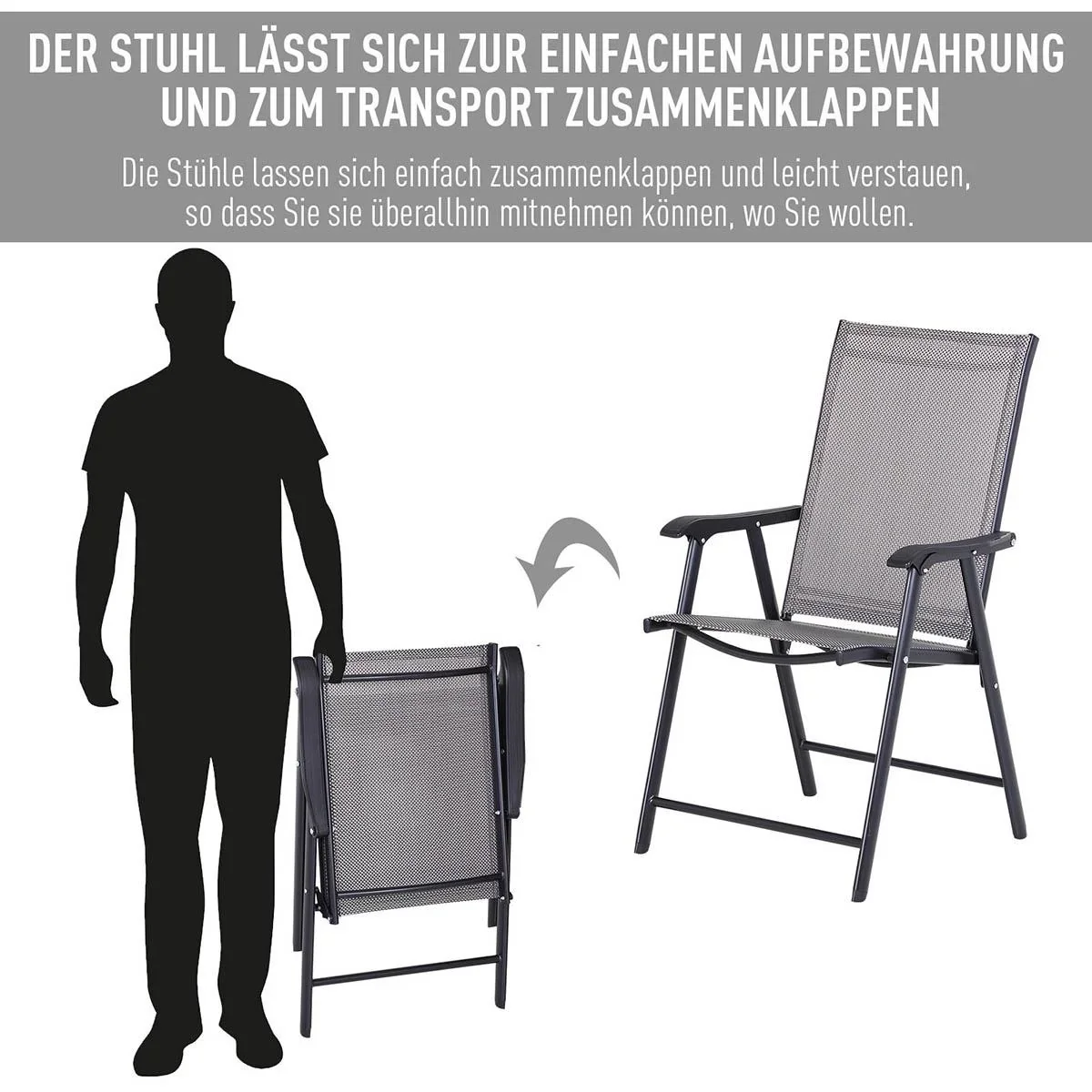 Klappstuhl mit Armlehne 2er Set Campingstuhl Angelstuhl Metall Grau 58 x 64 x 94 cm - 2