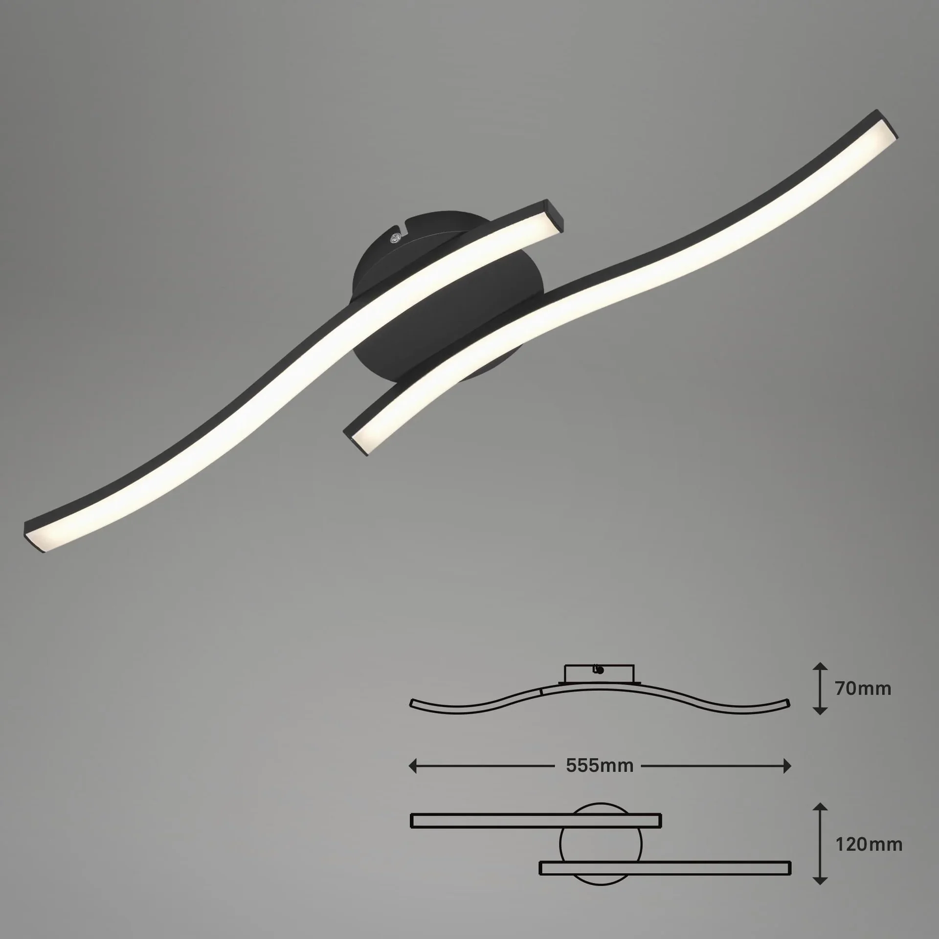 LED Wand- und Deckenleuchte, 2 LED Stäbe geschwungen, schwarz, 12 Watt, 960 lm, 3.000 K - 3