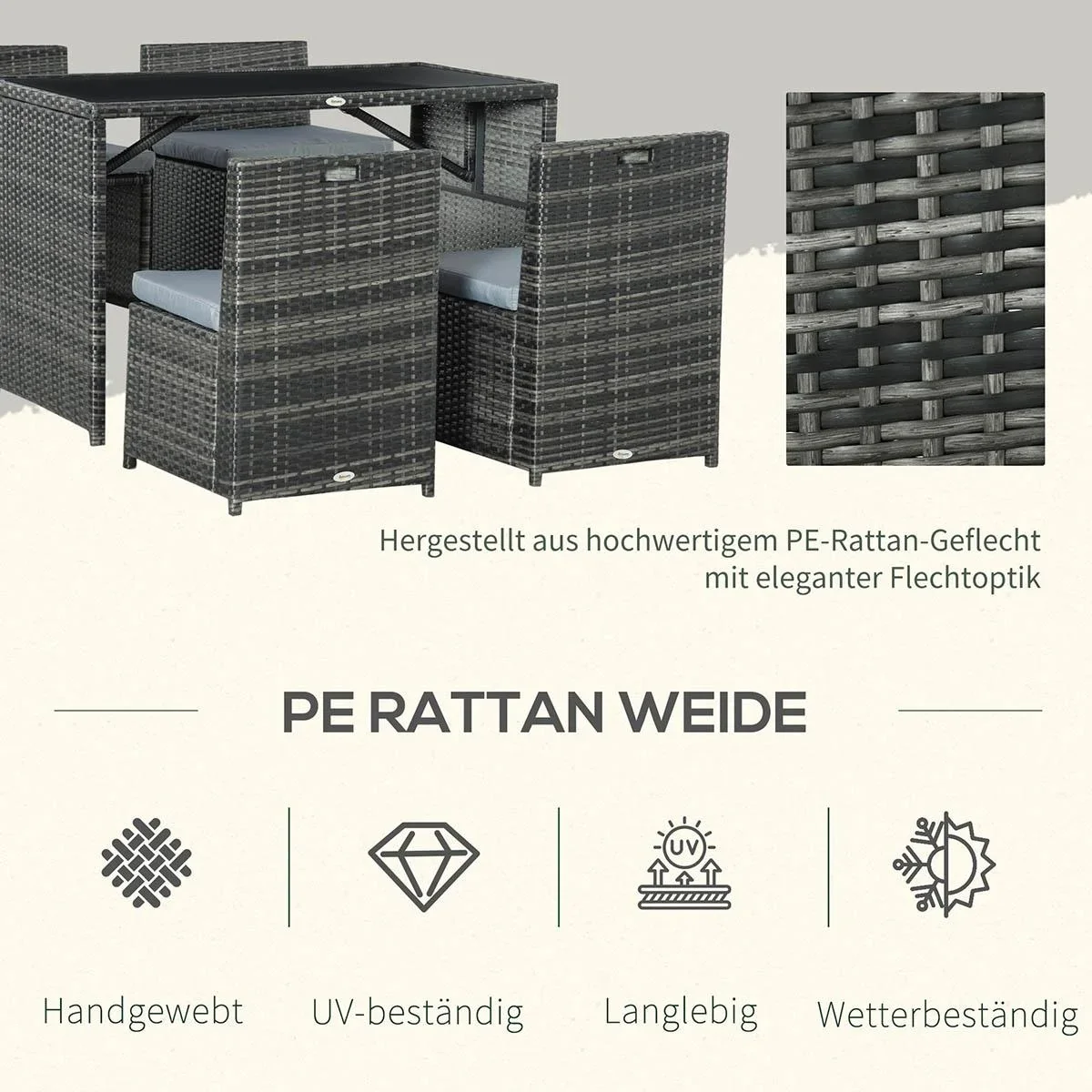 Gartenliege in Rattanoptik für 1 Person Nature+Beige 65 x 200 x 31 cm - 0