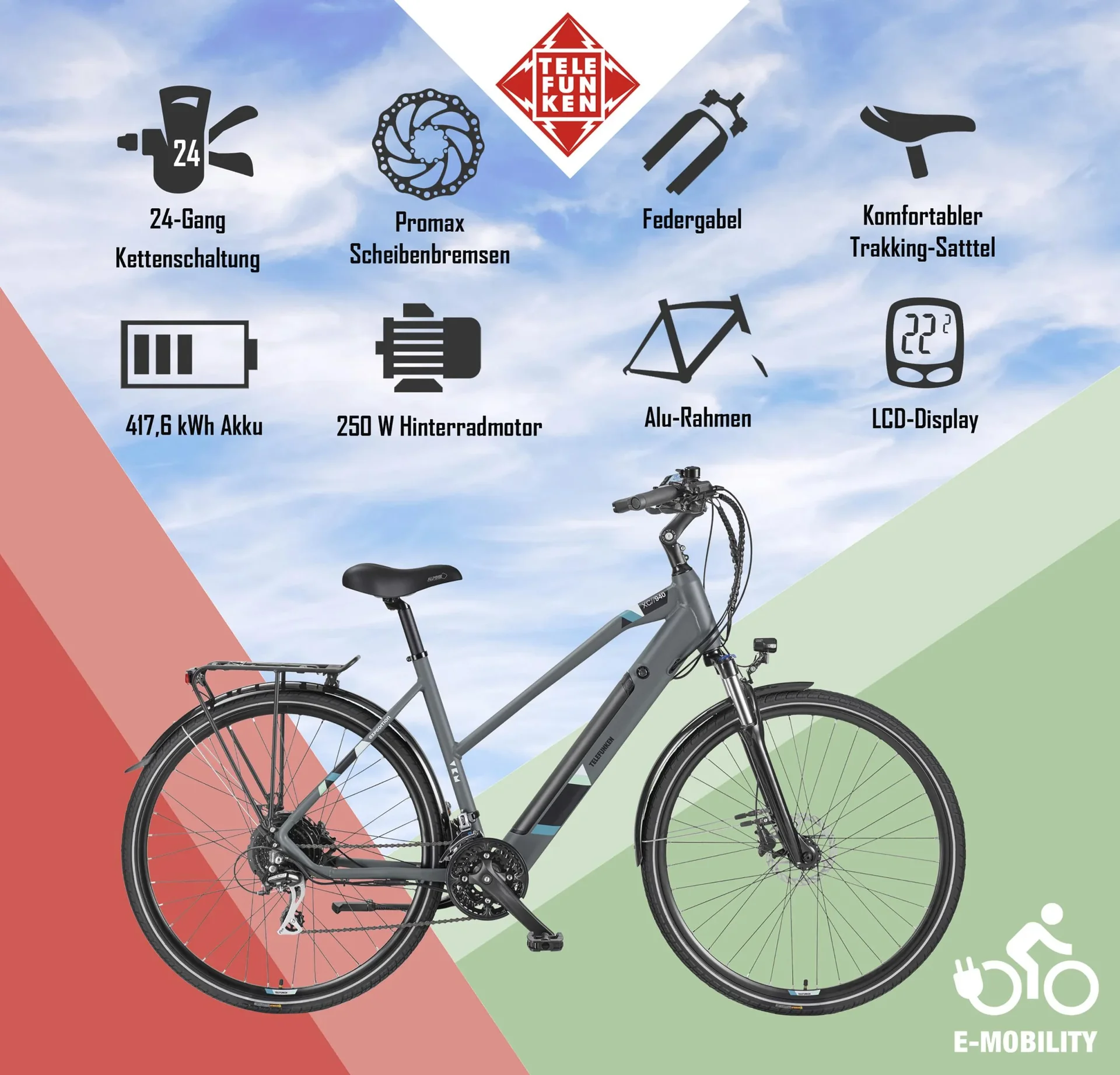 Damen Alu Trekking E-Bike, 28 Zoll, Rahmenhöhe 50 cm, 24-Gang Kettenschaltung, grau, XC940 Expedition - 4