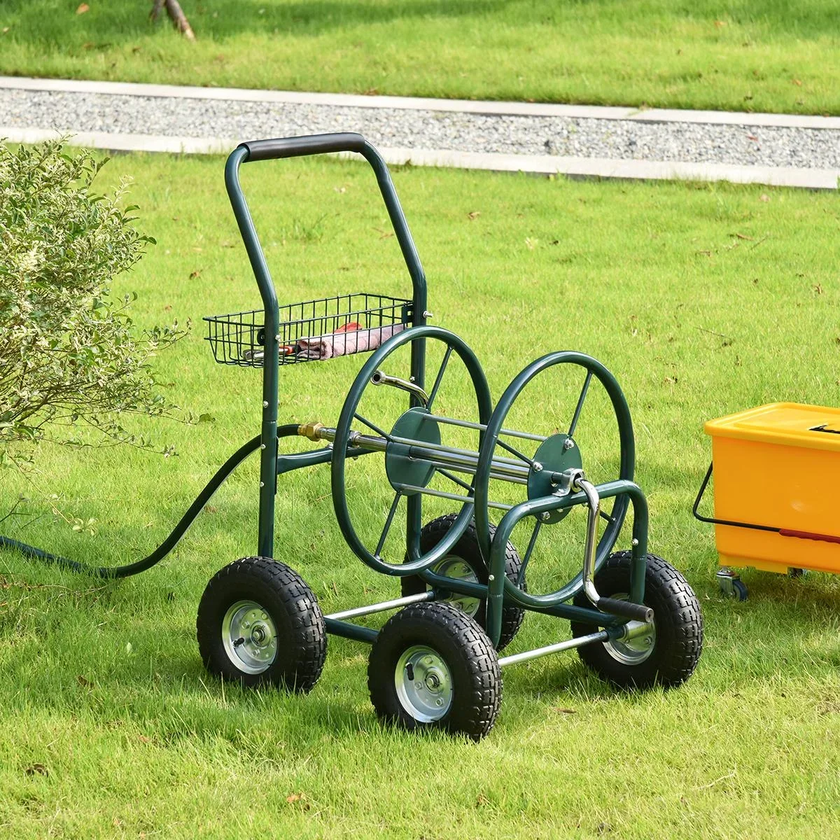 Schlauchwagen für Gartenschlauch max. 70 m (Ø15 mm Schlauch) mit Aufbewahrungskorb Stahl Nylon 83 x 60 x 92,5 cm - 0