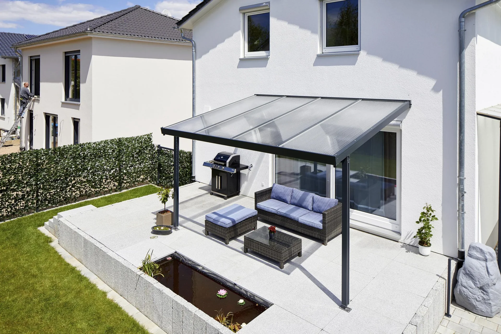Terrassendach Premium, anthrazit, 4102 x 4060 mm - Acryl Stegplatten 16mm, klar - 3