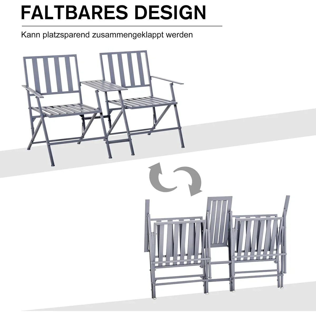 Doppel-Gartenstuhl mit Tisch klappbar grau - 1