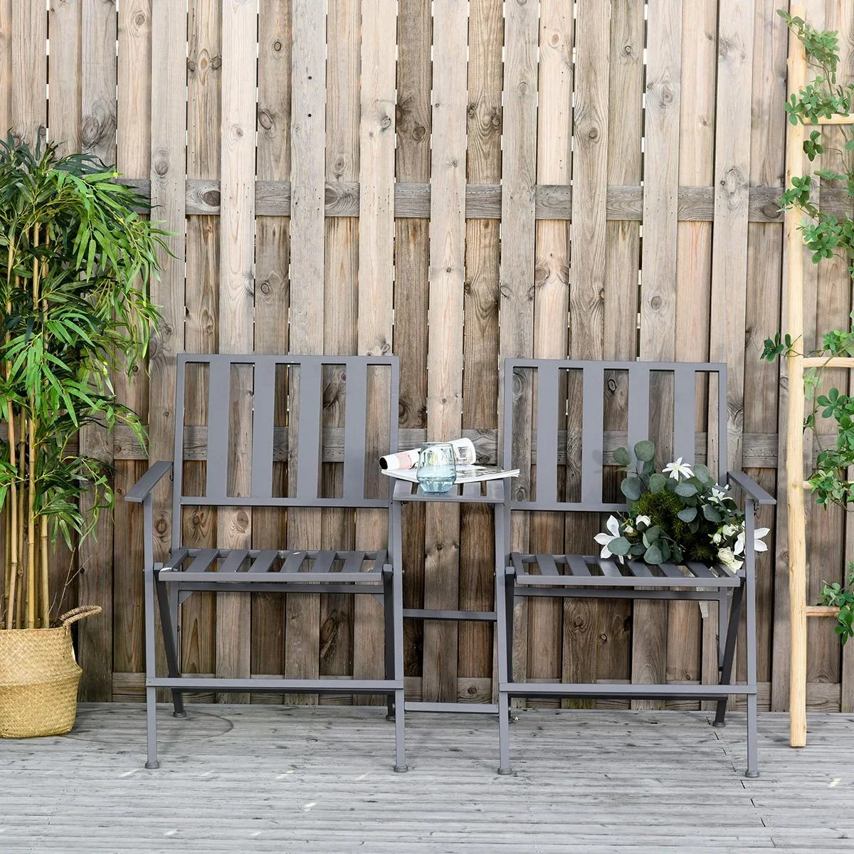 Doppel-Gartenstuhl mit Tisch klappbar grau - 6