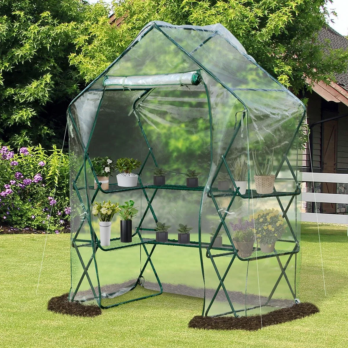 Gewächshaus Treibhaus mit Blumenregal Tomatenhaus Pflanzenhaus für Garten Stahl PVC Transparent+Grün 143 x 73 x 195 cm - 1