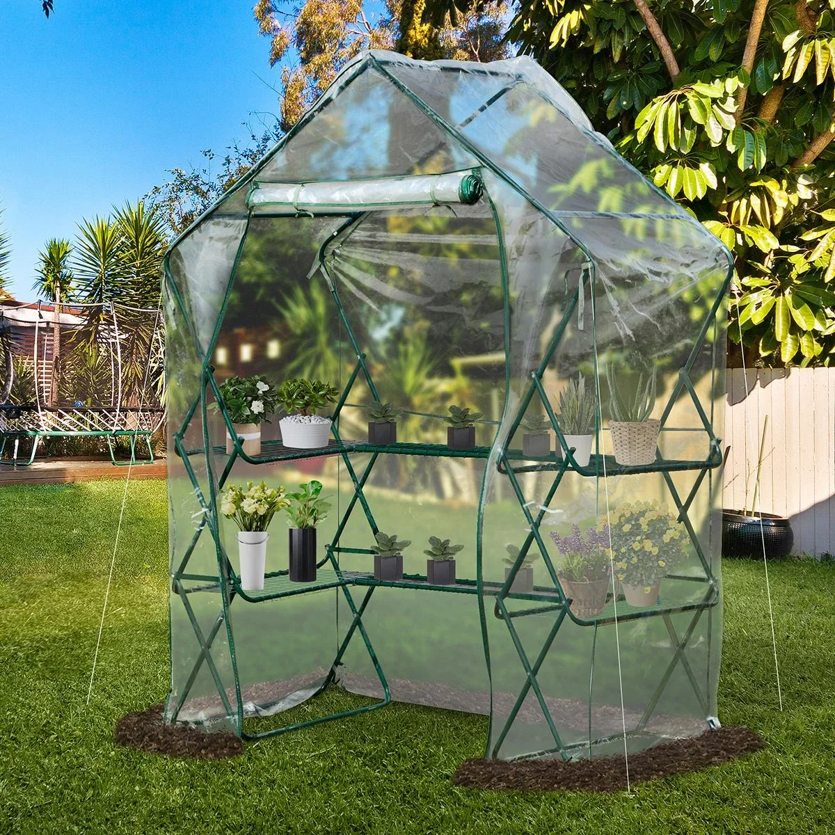 Gewächshaus Treibhaus mit Blumenregal Tomatenhaus Pflanzenhaus für Garten Stahl PVC Transparent+Grün 143 x 73 x 195 cm - 2
