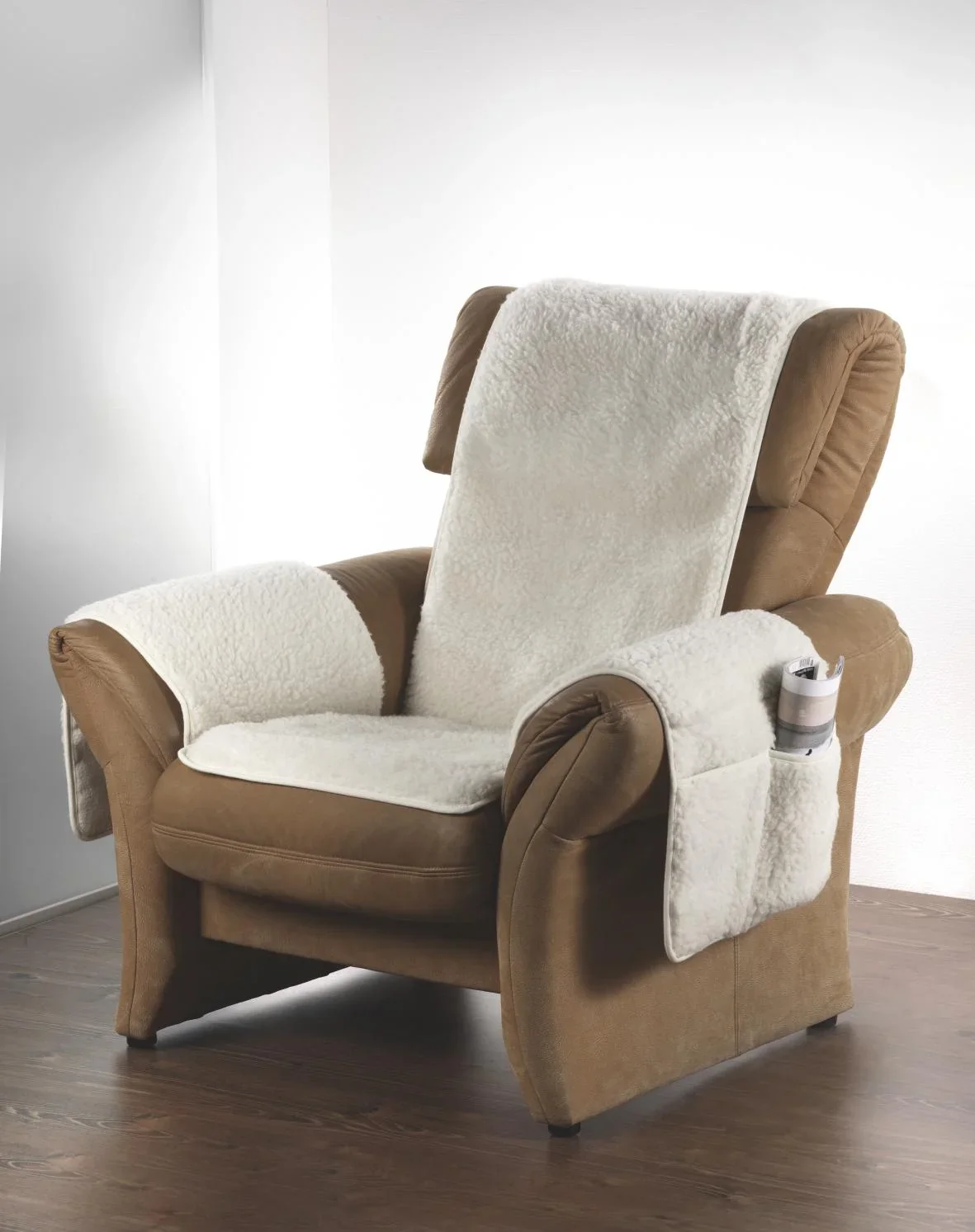 Sesselschoner mit Armlehnen, reine Schurwolle, Farbe natur - 0