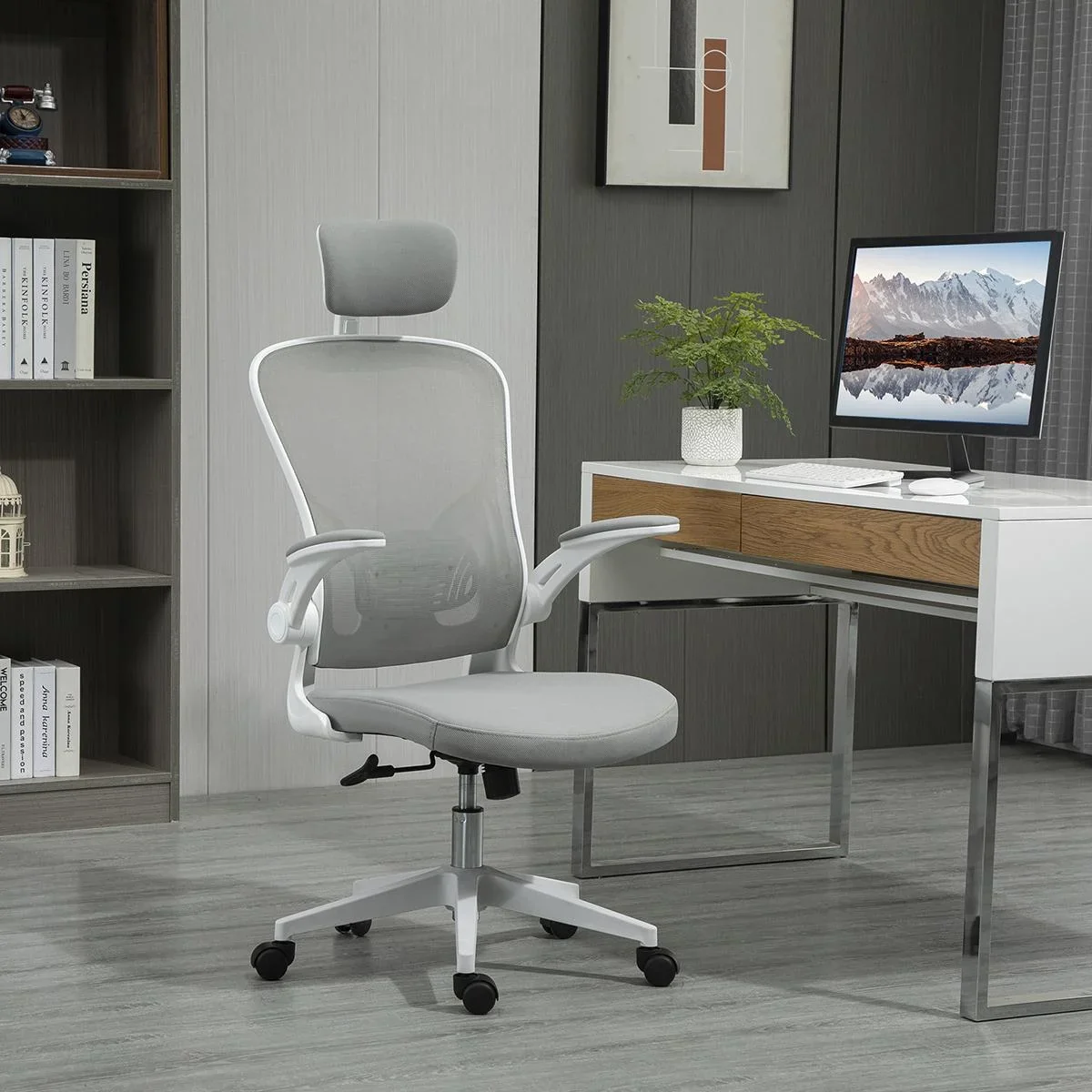 Bürostuhl ergonomischer Shreibtischstuhl mit Wippfunktion hoher Rückenlehne Lendenwirbelstütze Kopfstütze hochklappbarem - 1