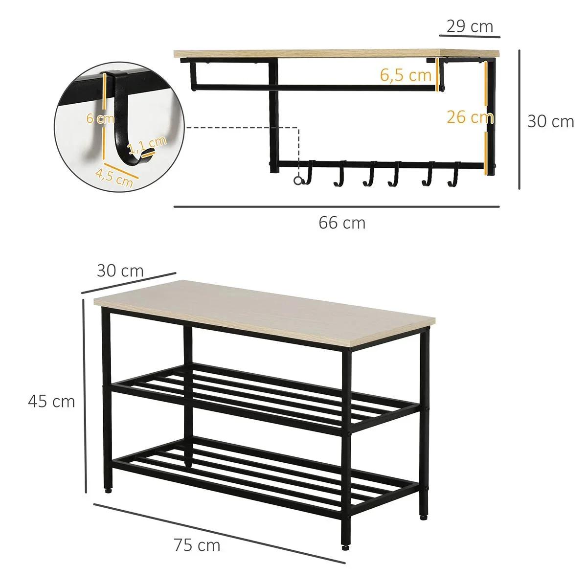 2-in-1 Garderobenset Flurgaderobe mit Sitzbank Wandgarderobe für Eingangsbereich, 6 Haken, Natur+Schwarz, 75 x 30 x 45 c - 3