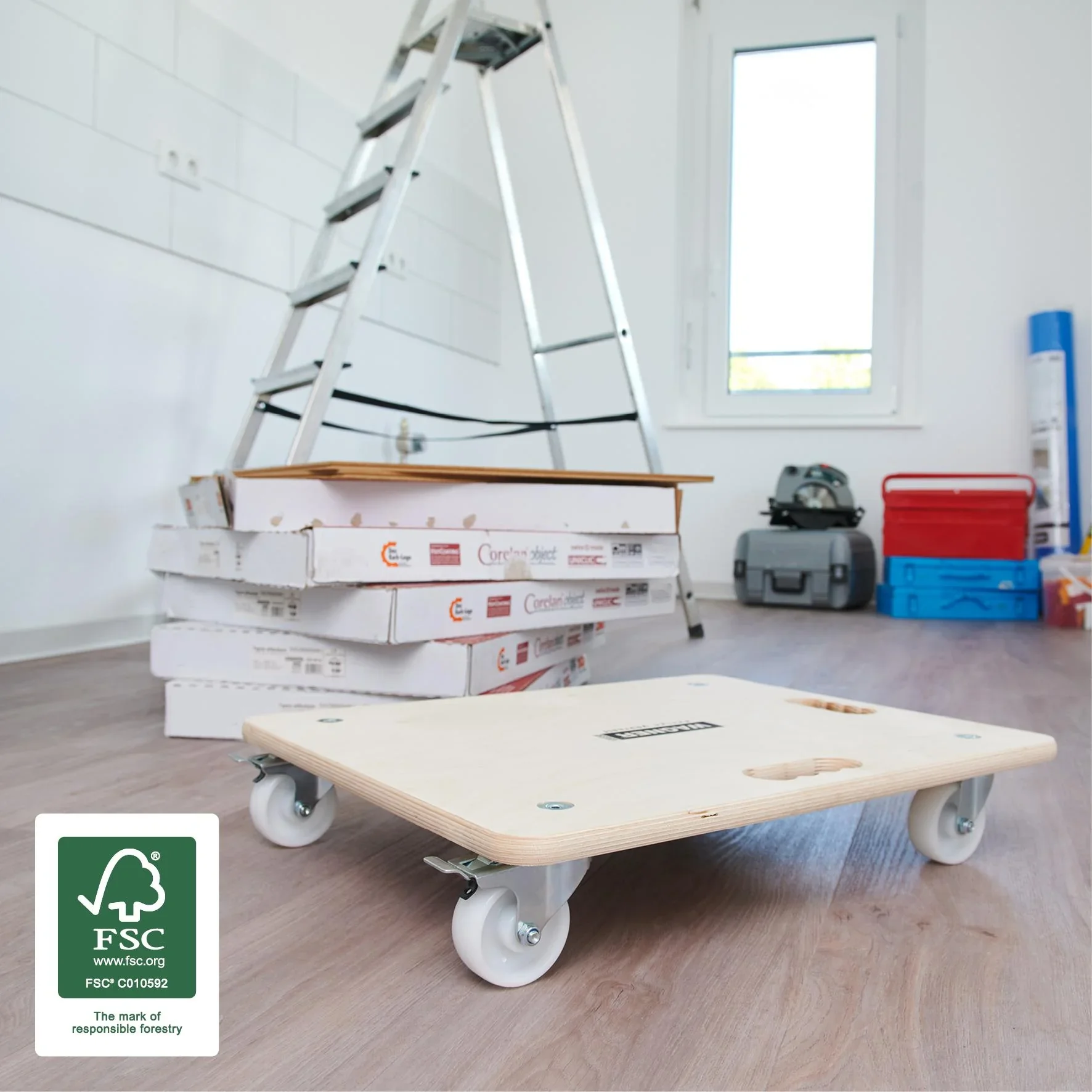 Transporthilfe MM 1116, 59 x 49 x 11 cm, harte Rollen Ø 75 mm, Rollenlager, 2 Bremsen, Multiplex FSC®, Tragkraft 250 kg - 5