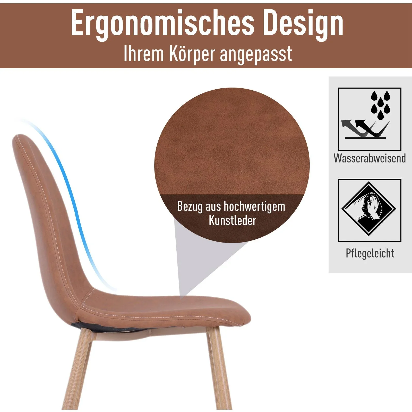 2er-Set Esszimmerstuhl Küchenstuhl mit Rückenlehne Polstersessel Metallbeine Braun - 2