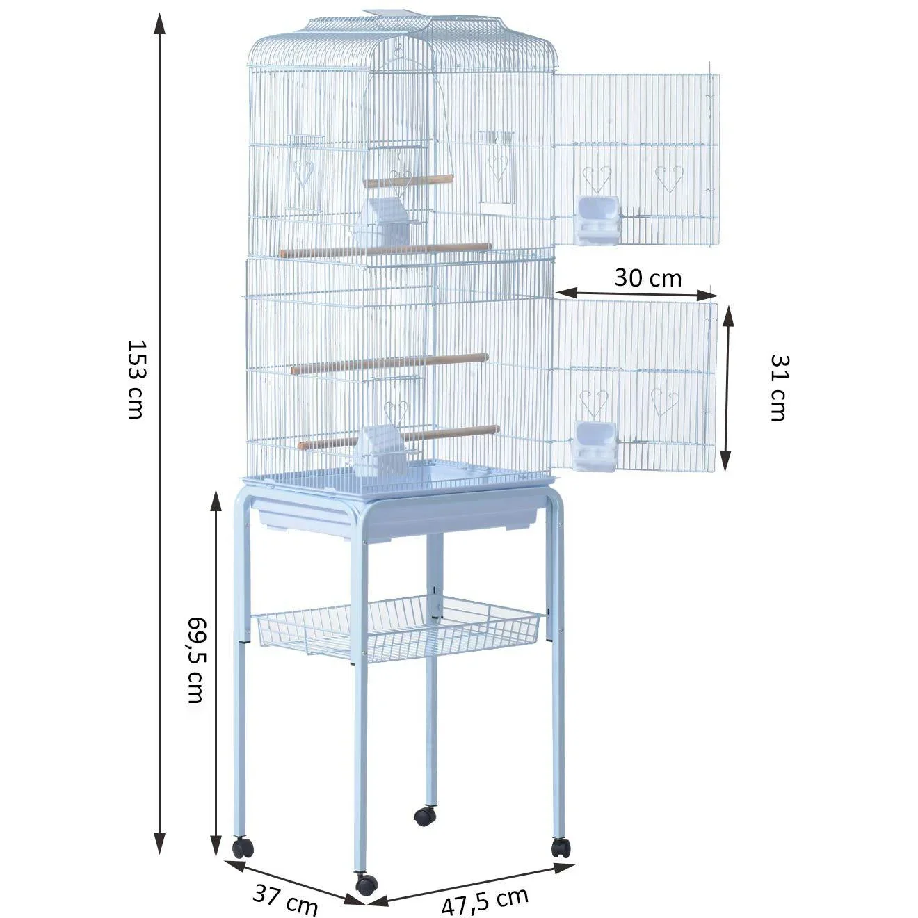 Vogelhaus Vogelkäfig Vogelvoliere für Papagei Wellensittich Vogelbauer mit rollbarem Ständer Weiß 47,5 x 37 x 153 cm - 3