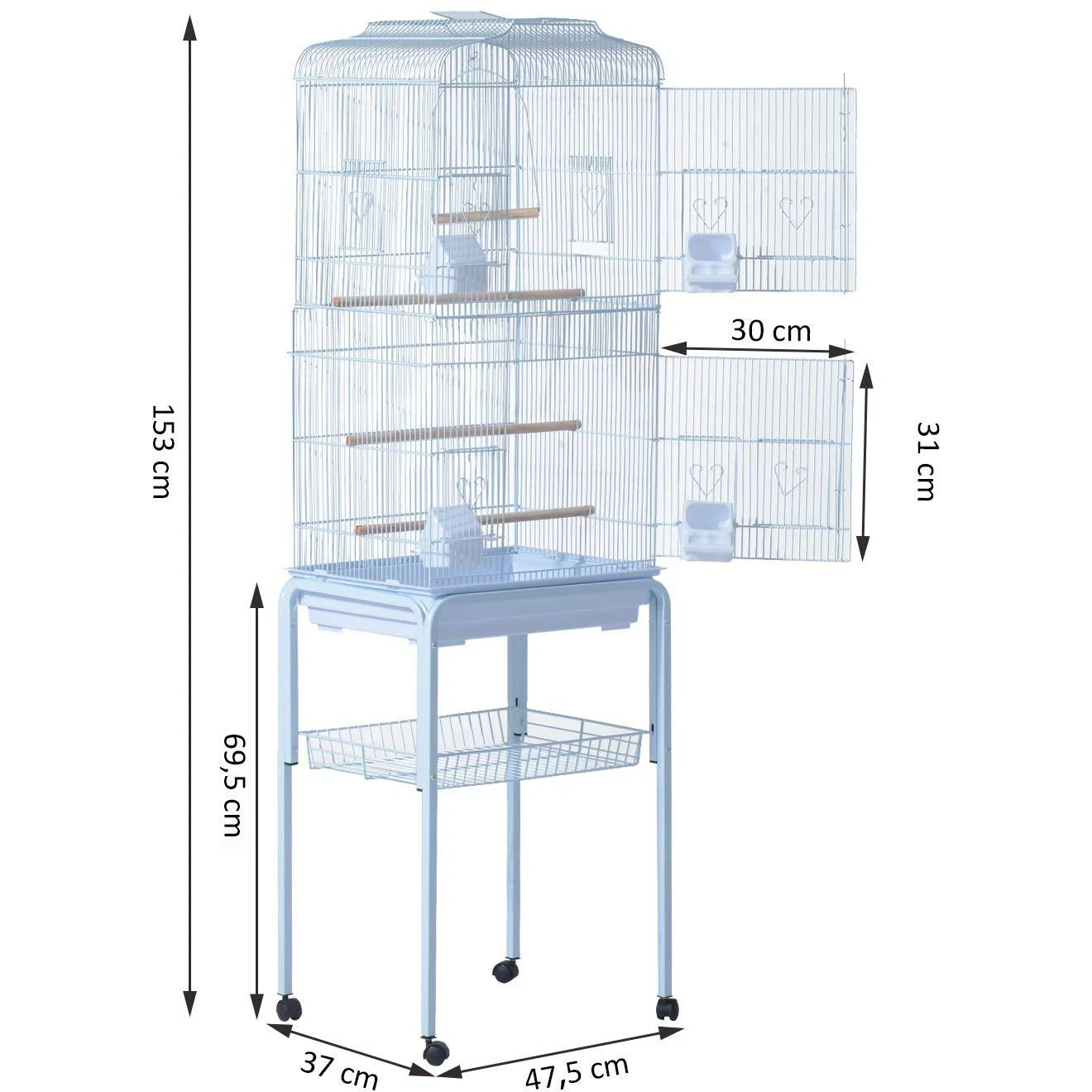Vogelhaus Vogelkäfig Vogelvoliere für Papagei Wellensittich Vogelbauer mit rollbarem Ständer Weiß 47,5 x 37 x 153 cm - 3