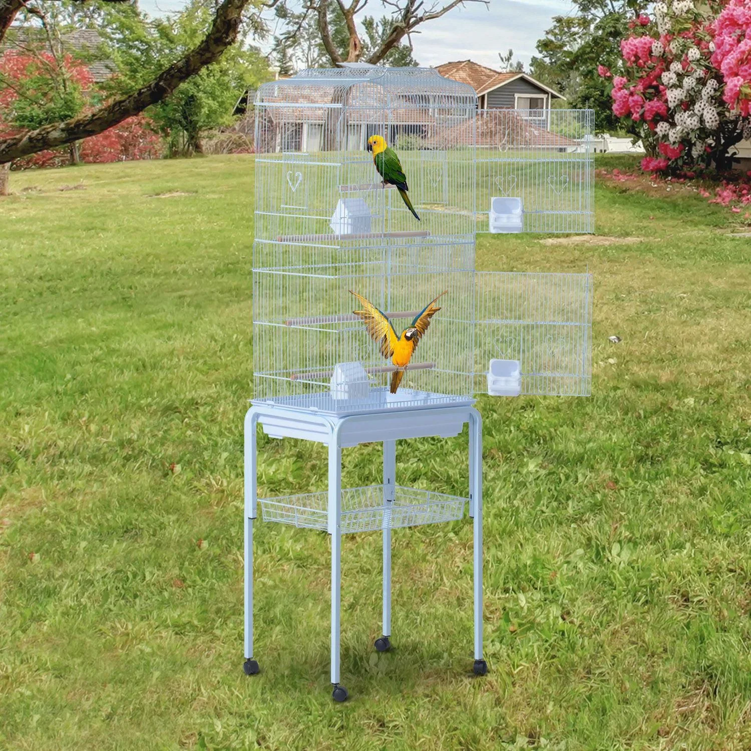 Vogelhaus Vogelkäfig Vogelvoliere für Papagei Wellensittich Vogelbauer mit rollbarem Ständer Weiß 47,5 x 37 x 153 cm - 4