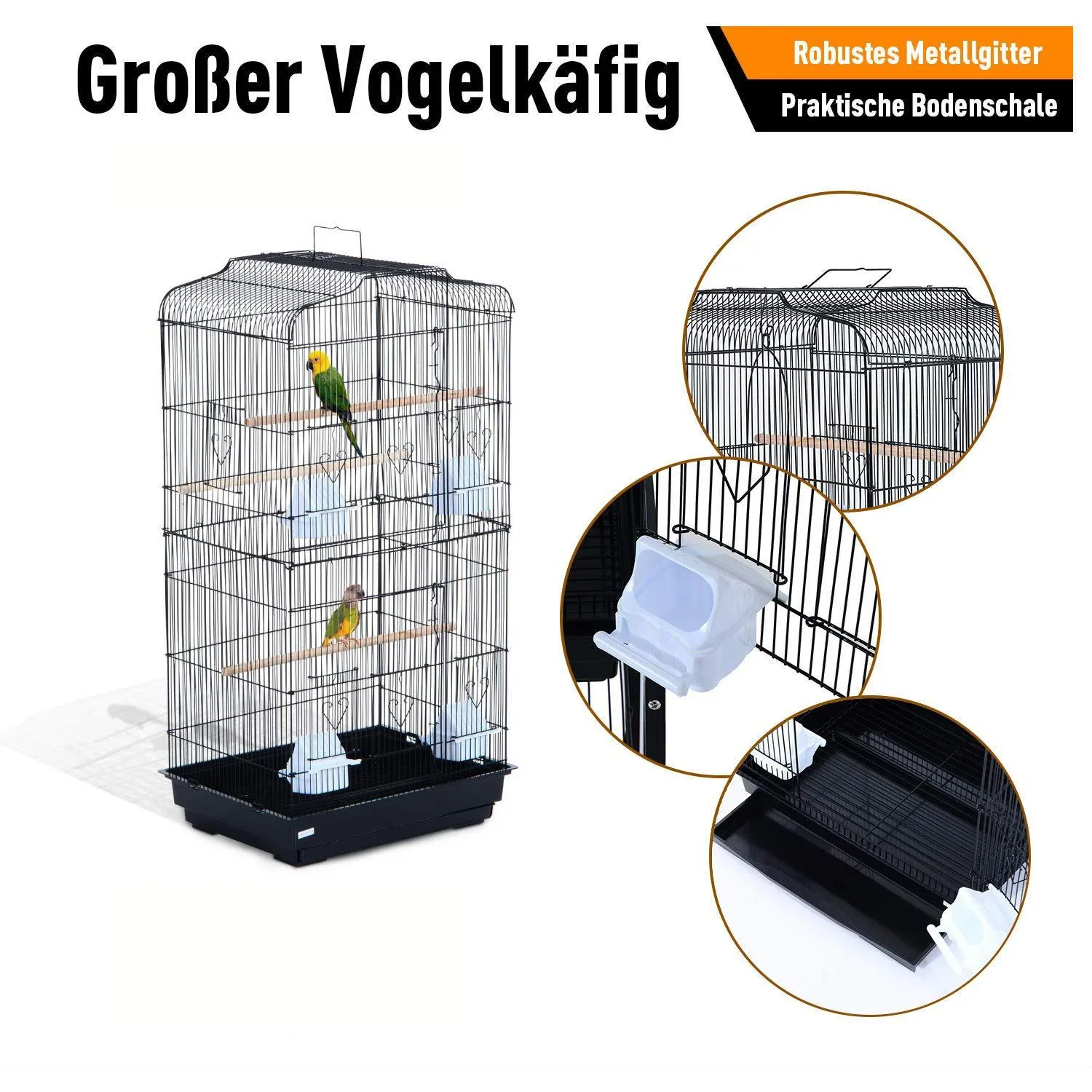 Vogelhaus Vogelkäfig Vogelvoliere für Papagei Wellensittich Vogelbauer mit ausnehmbarer Bodenschale Schwarz 47,5 x 36 x - 2