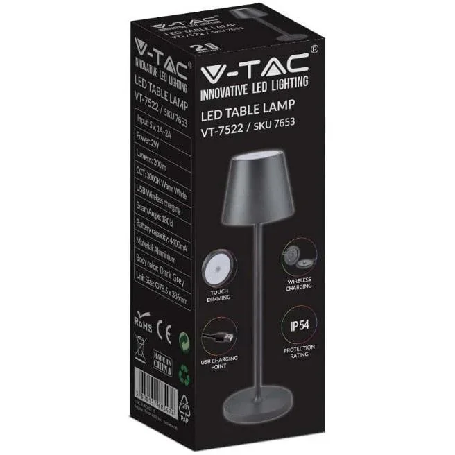 VT-7522 Tischleuchte - 3000K - Dimmbar über Touch - Wiederaufladbar - Grau - IP54 - 7