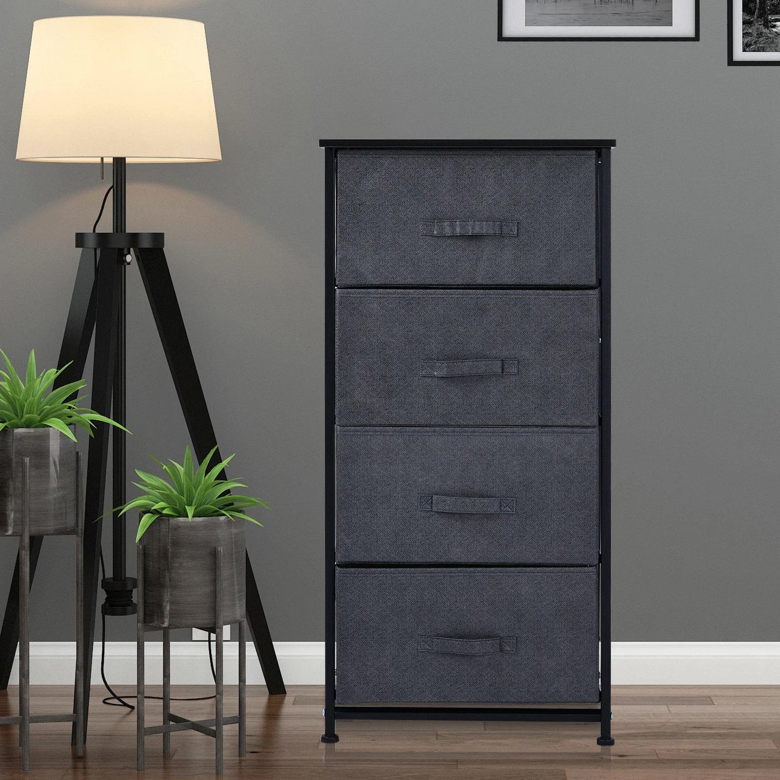 Schubladenschrank Aufbewahrungsschrank mit 4 faltbaren Stoffschubladen Metallgestell + Holz + Leinen Grau 45 x 30 x 92 c - 0