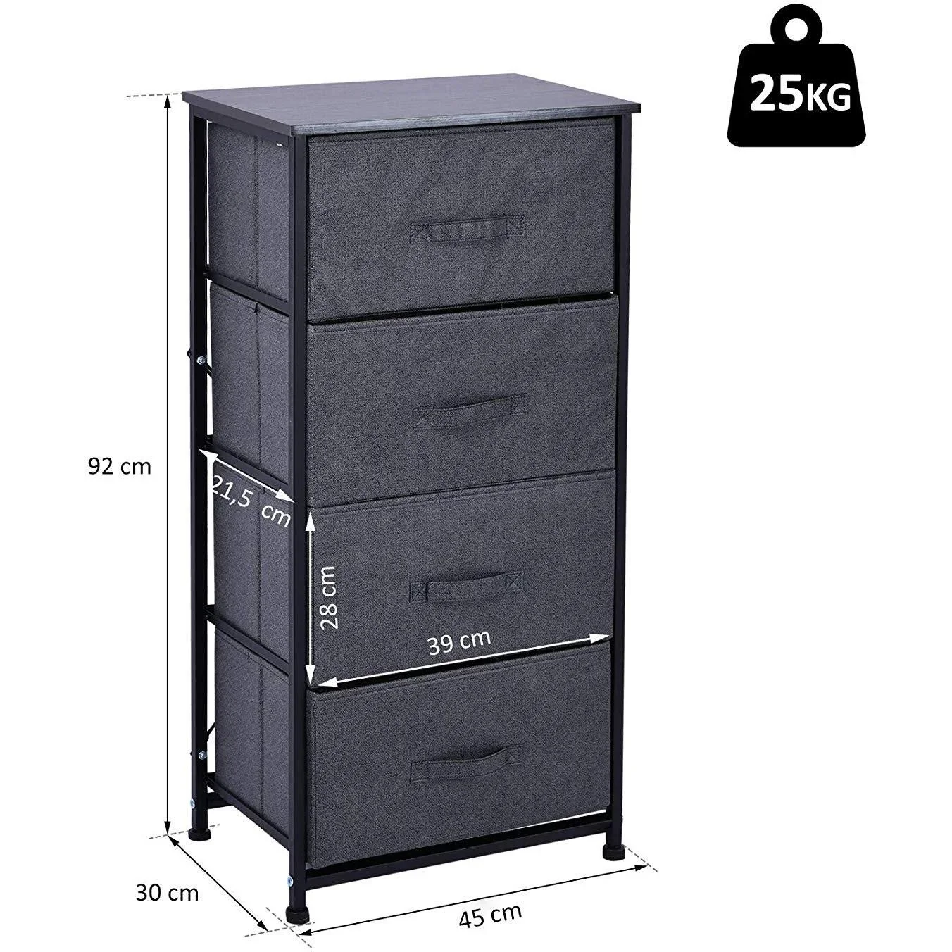 Schubladenschrank Aufbewahrungsschrank mit 4 faltbaren Stoffschubladen Metallgestell + Holz + Leinen Grau 45 x 30 x 92 c - 3