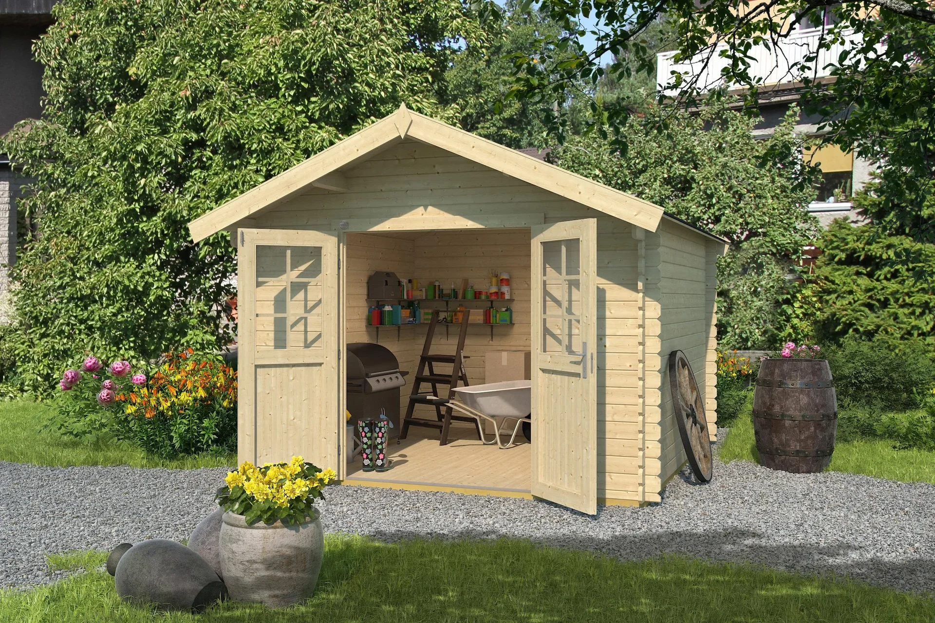 Gartenhaus 209 Gr.3, 333 x 360 x 261 cm Wandstärke 28 mm, mit Doppeltür natur - 0