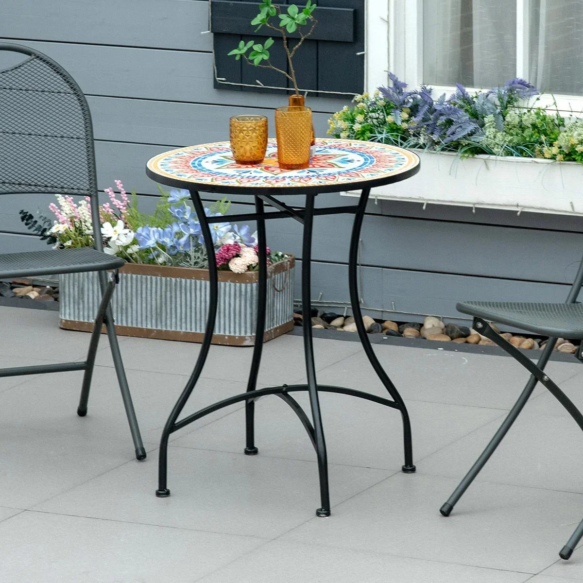 Garten Mosaik Runder Bistrotisch Keramik Metall Rot+Blau+Weiß Ø60 cm - 3