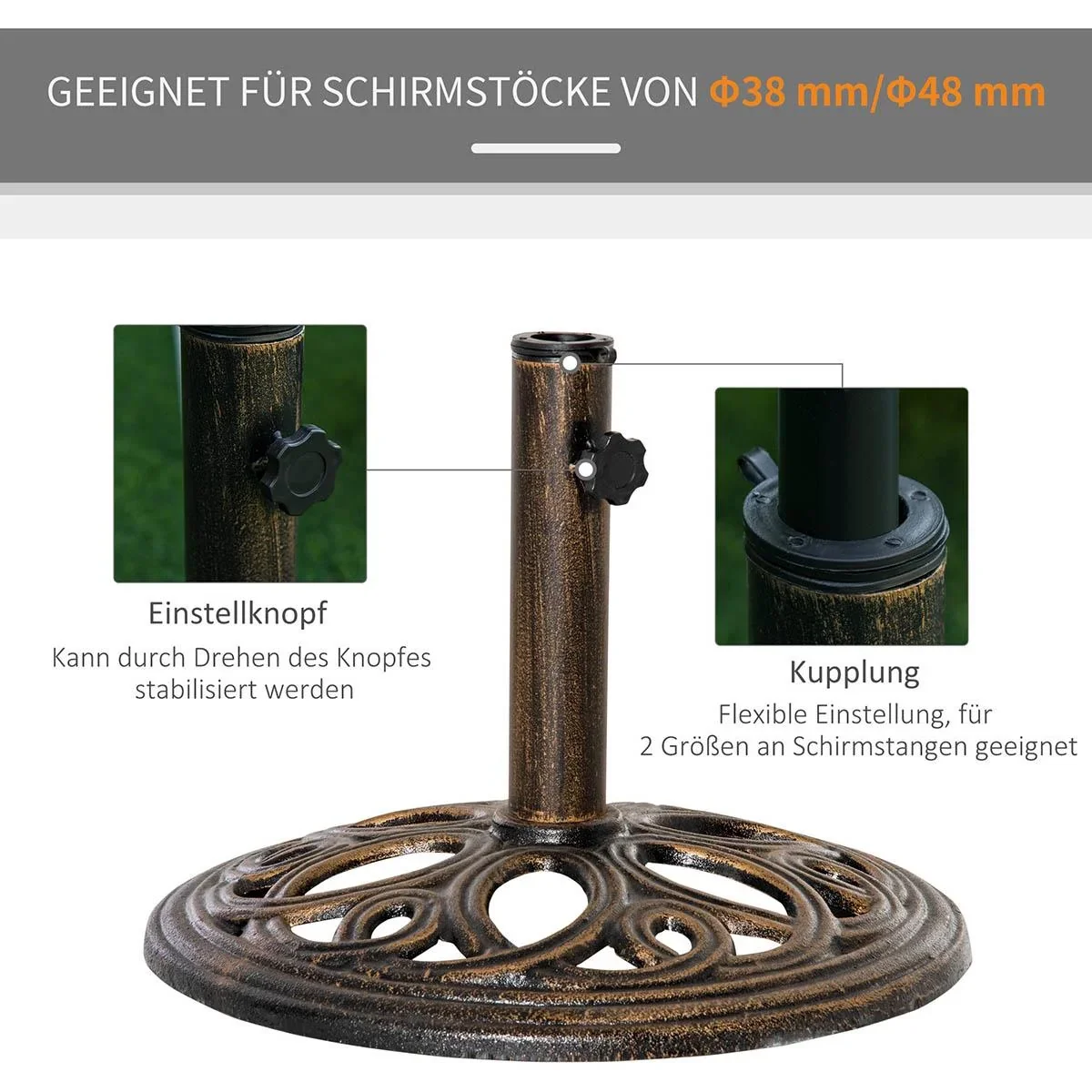 Sonnenschirmständer aus Gusseisen 11,5 kg Schirmständer für Sonnenschirm Schirmstangen 38 mm/48 mm rund Sonnenschirmfuß - 0
